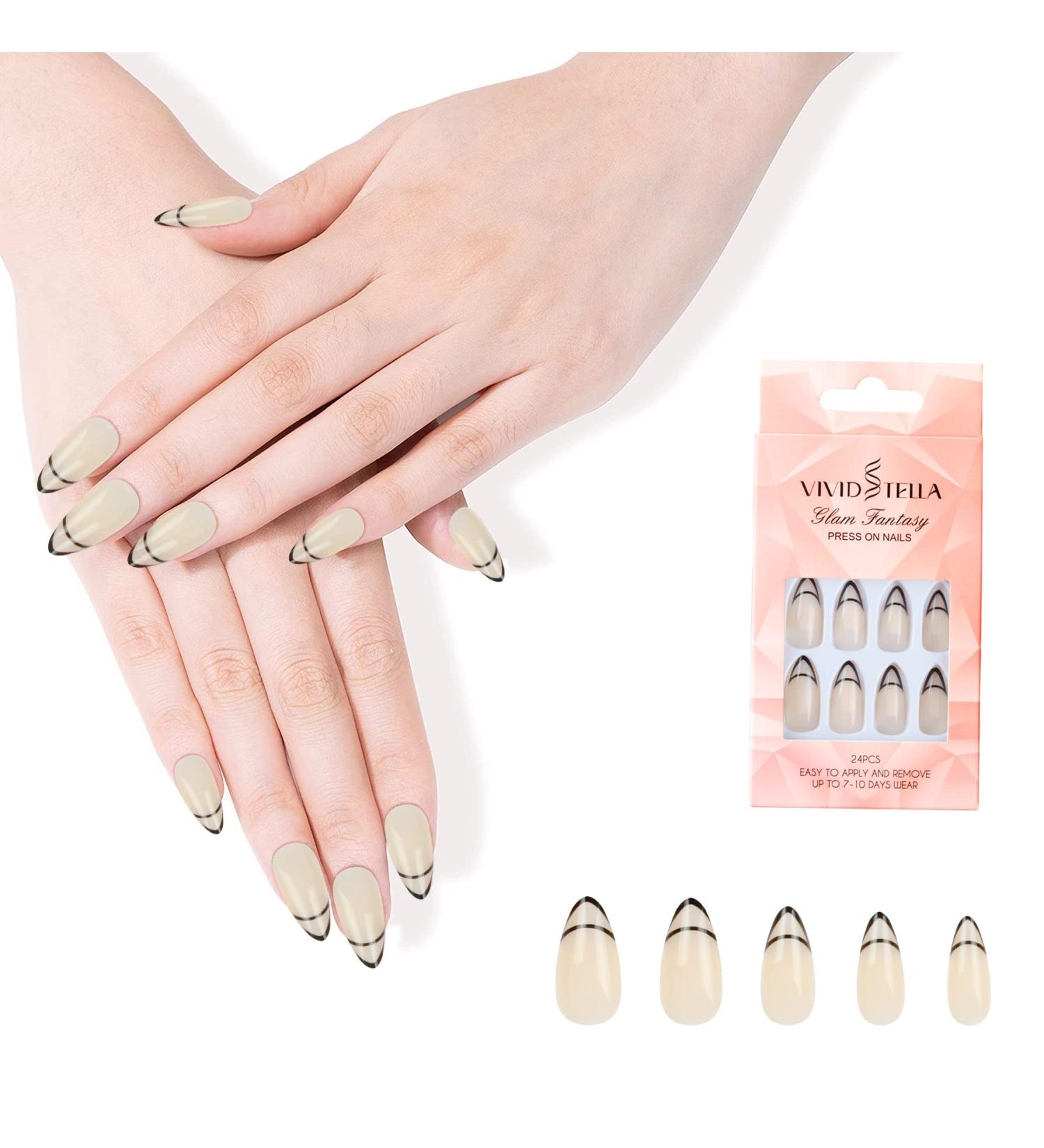 Vivid Stella Shiny Almond French Press-On Nails - 24 Full Cover Abstract Nude Oval Acrylic Sets - Buy Online on GoSupps.com