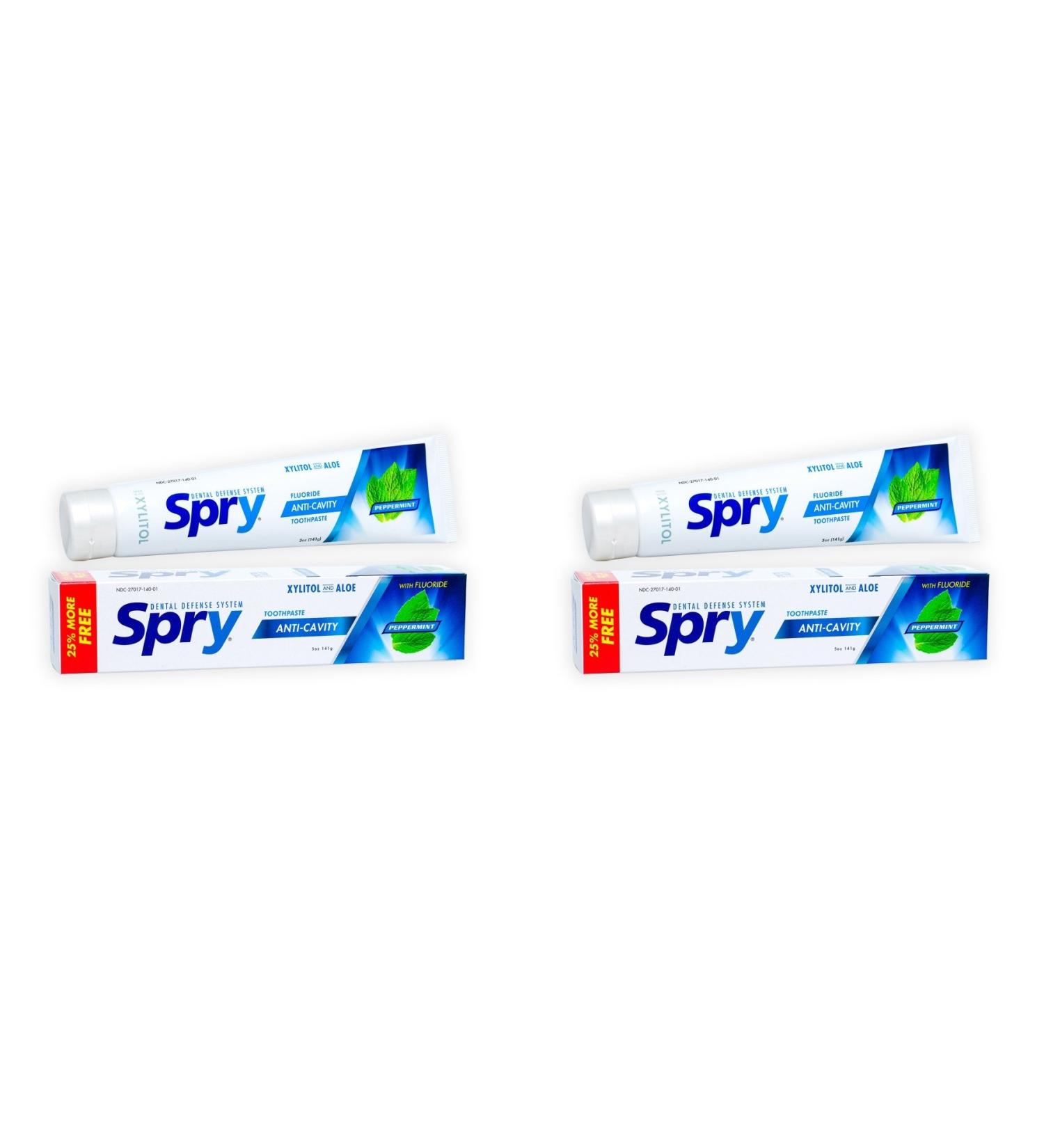 Spry Peppermint Anti-Cavity Xylitol Toothpaste (Pack of 2) with non-GMO Cranberry Extract Aloe Vera Leaf Juice Stevia Powder and Natural Sodium Flouride Paraben-free and Sorbitol-free 5 oz.