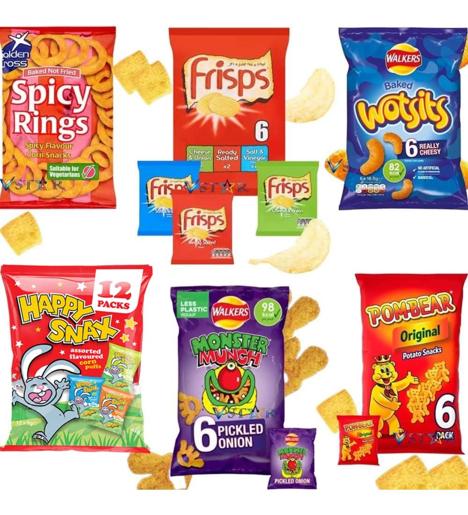 Walkers Wotsits Monster Munch Frisps Pom-bear Happy Snax Spicy Rings Variety Mixed Snacks Bags (120 x Mixed Mini Bags) - Buy Online on GoSupps.com