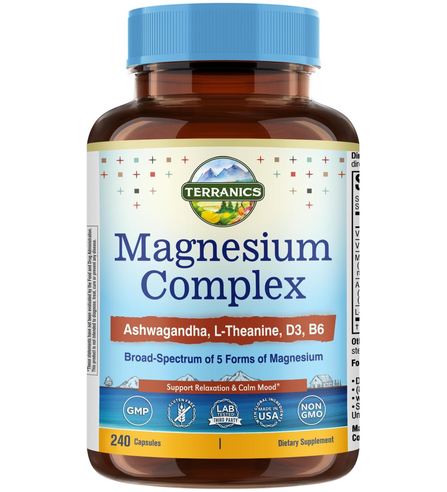 Terranics Magnesium Complex Supplement with Glycinate, Citrate, Taurate & Malate | Supports Nerve & Mood Health | Includes Ashwagandha, L-Theanine, Vitamin D3 & B6 | 240 Capsules | Non-GMO 240 Count (Pack of 1) - Buy Online on GoSupps.com