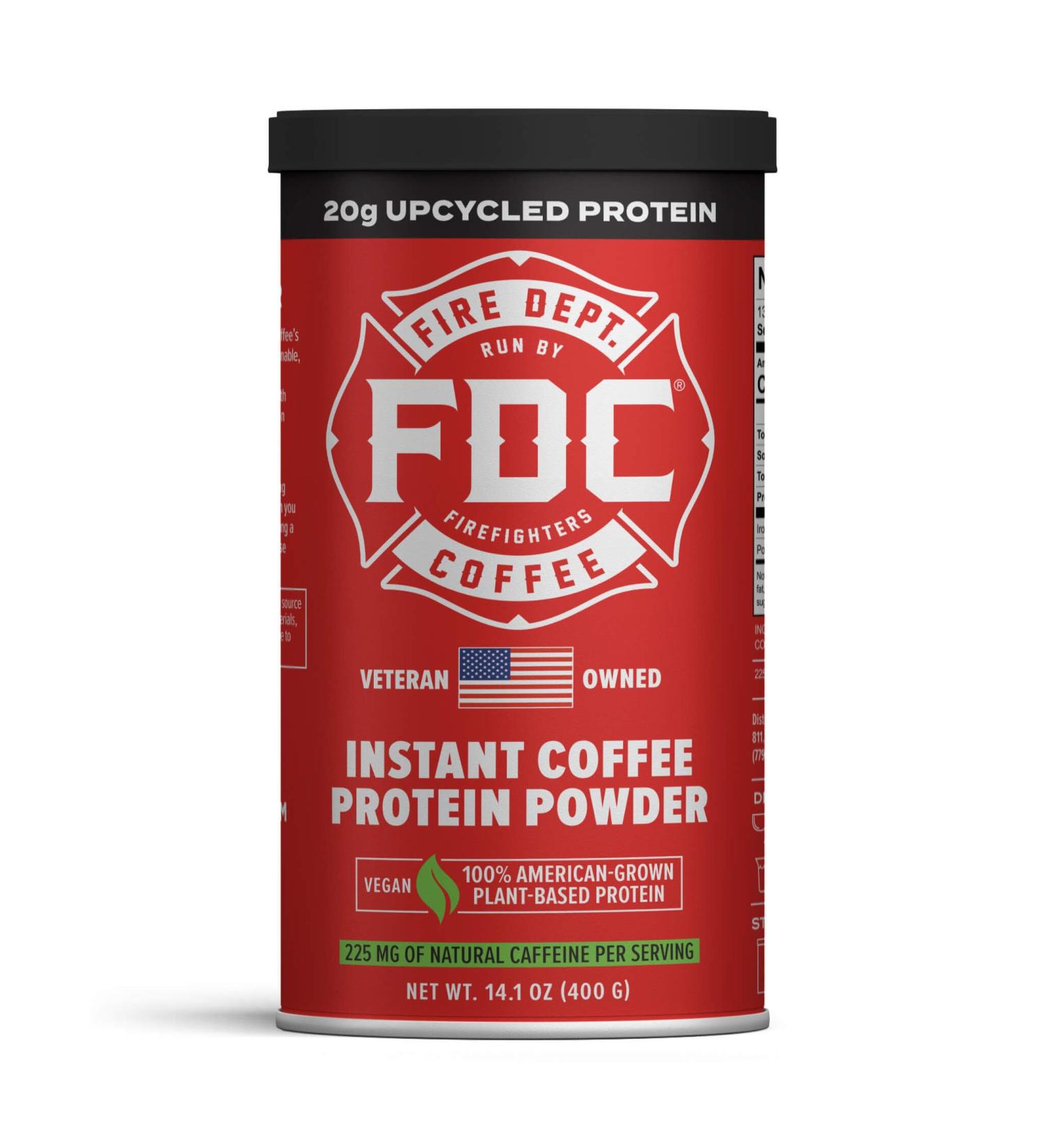 Fire Department Coffee - Veteran-Owned Instant Coffee Protein Powder | 100% American-Grown Plant-Based Protein with Upcycled Barley | 14.1 oz Can - Buy Online on GoSupps.com
