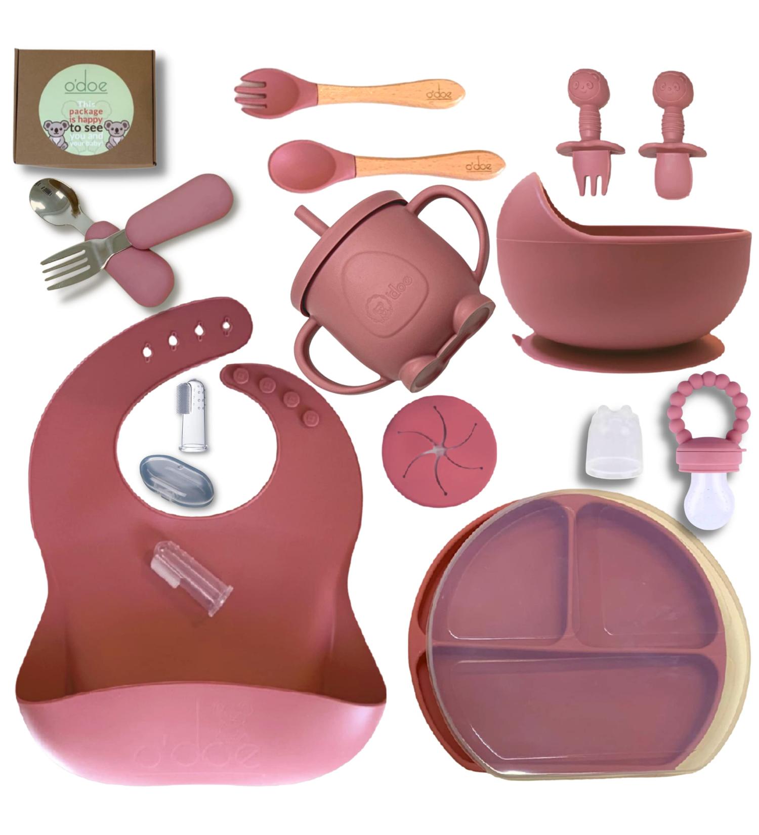 Baby Led Weaning Feeding Set (17 Pcs) | Suction Silicone Bowl, Self-Feeding Utensils & Fruit Feeder Cup | Rose Pink V2 - Buy Online on GoSupps.com