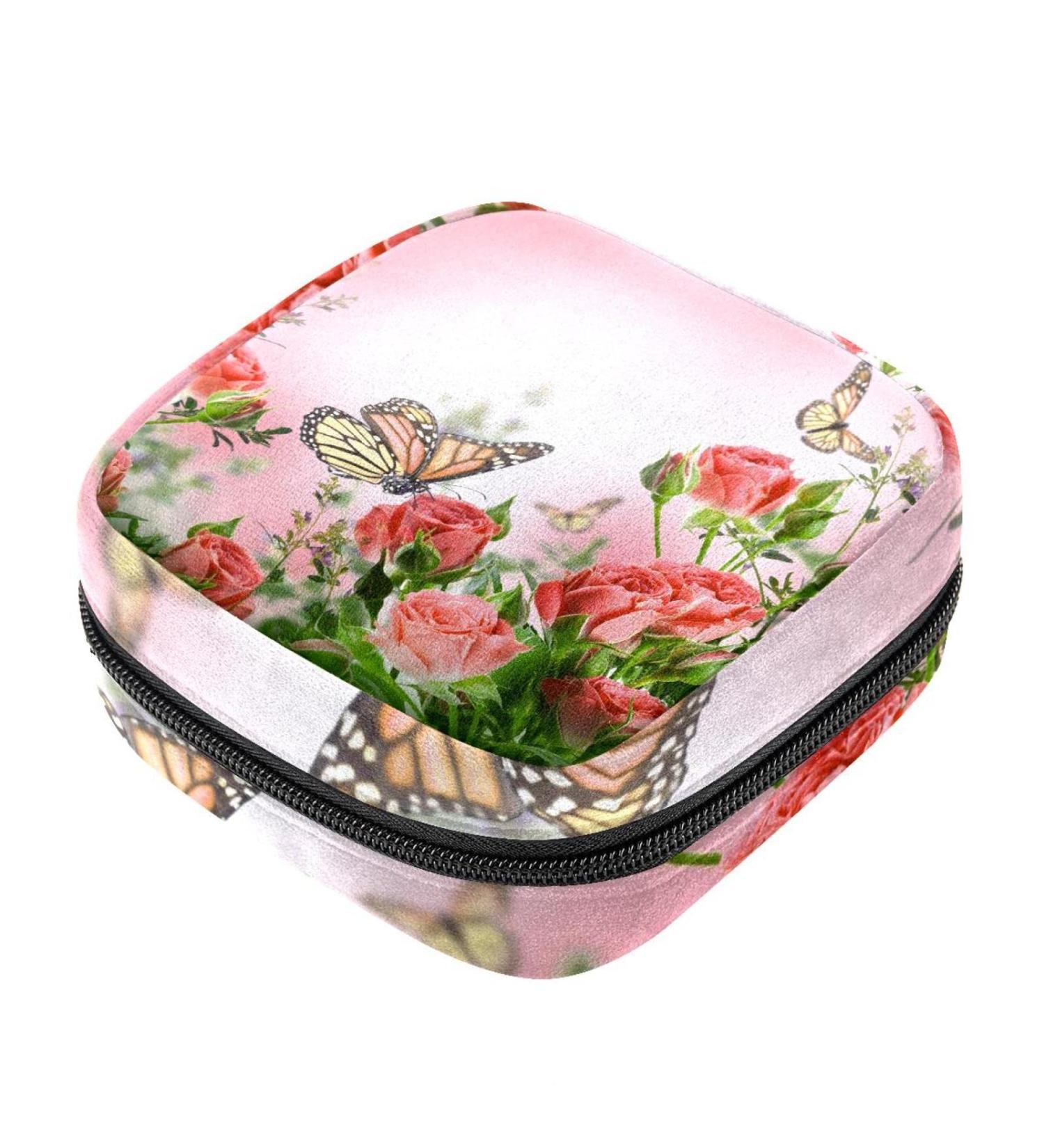 Buy Stylish Menstruation Bag with Zipper - Pink Rose & Butterfly | Ideal for Tampons & Napkins | Perfect for Women & Girls - Buy Online on GoSupps.com
