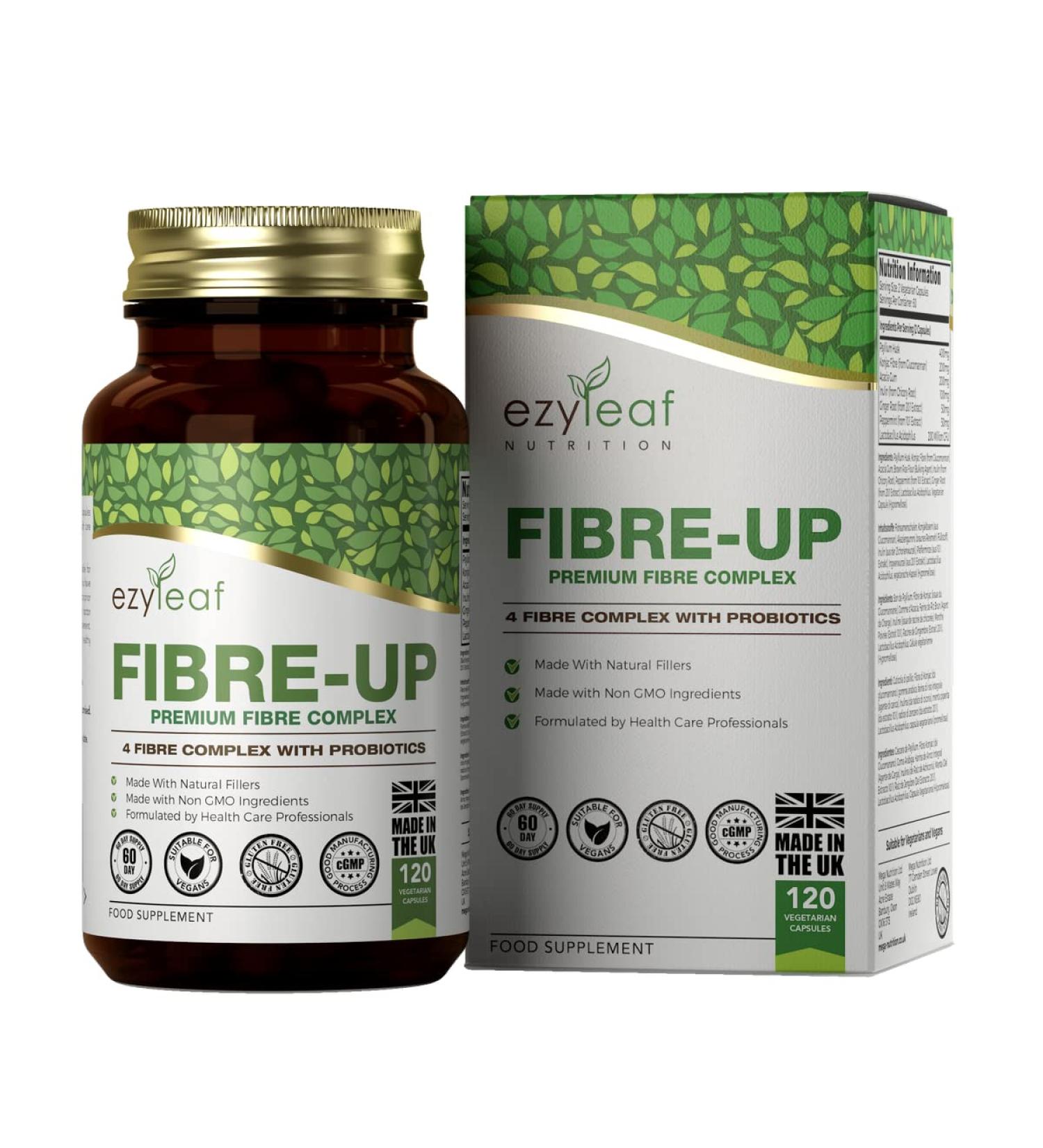 Ezyleaf Fiber Psyllium Husk Probiotic 1000mg | 120 Vegetable Capsules | Konjac Glucomannan Fiber-Up Gum Acacia Prebiotic Fiber Inulin L-Acidophilus | Allergen Free | ISO UK Certified - Buy Online on GoSupps.com