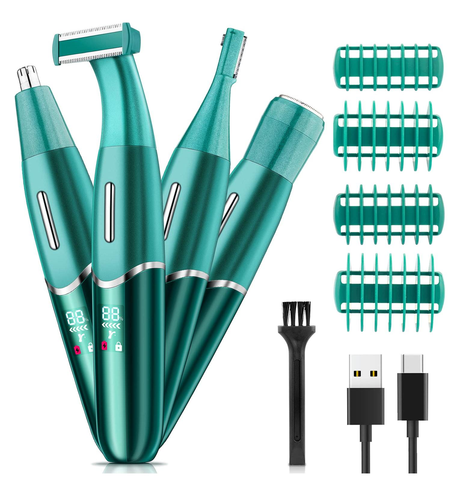 Womens Electric Razor 4-in-1 Personal Shaver Set for Wet/Dry Use - Cordless Body Hair Removal for Face, Legs, Underarms - Green - Buy Online on GoSupps.com