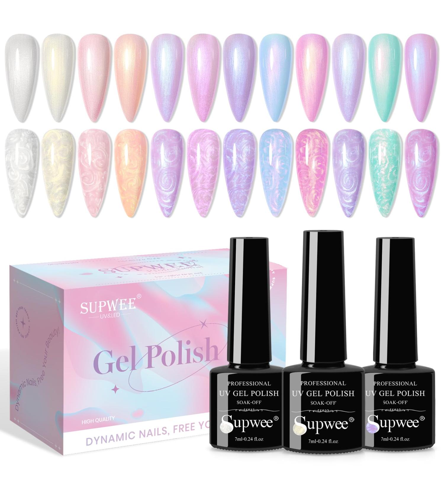 SUPWEE Pearl Gel Nail Polish Set - 12 Colours Glitter Shimmer Mermaid Pearlescent Shell Spiral Effect Kit - Buy Online on GoSupps.com