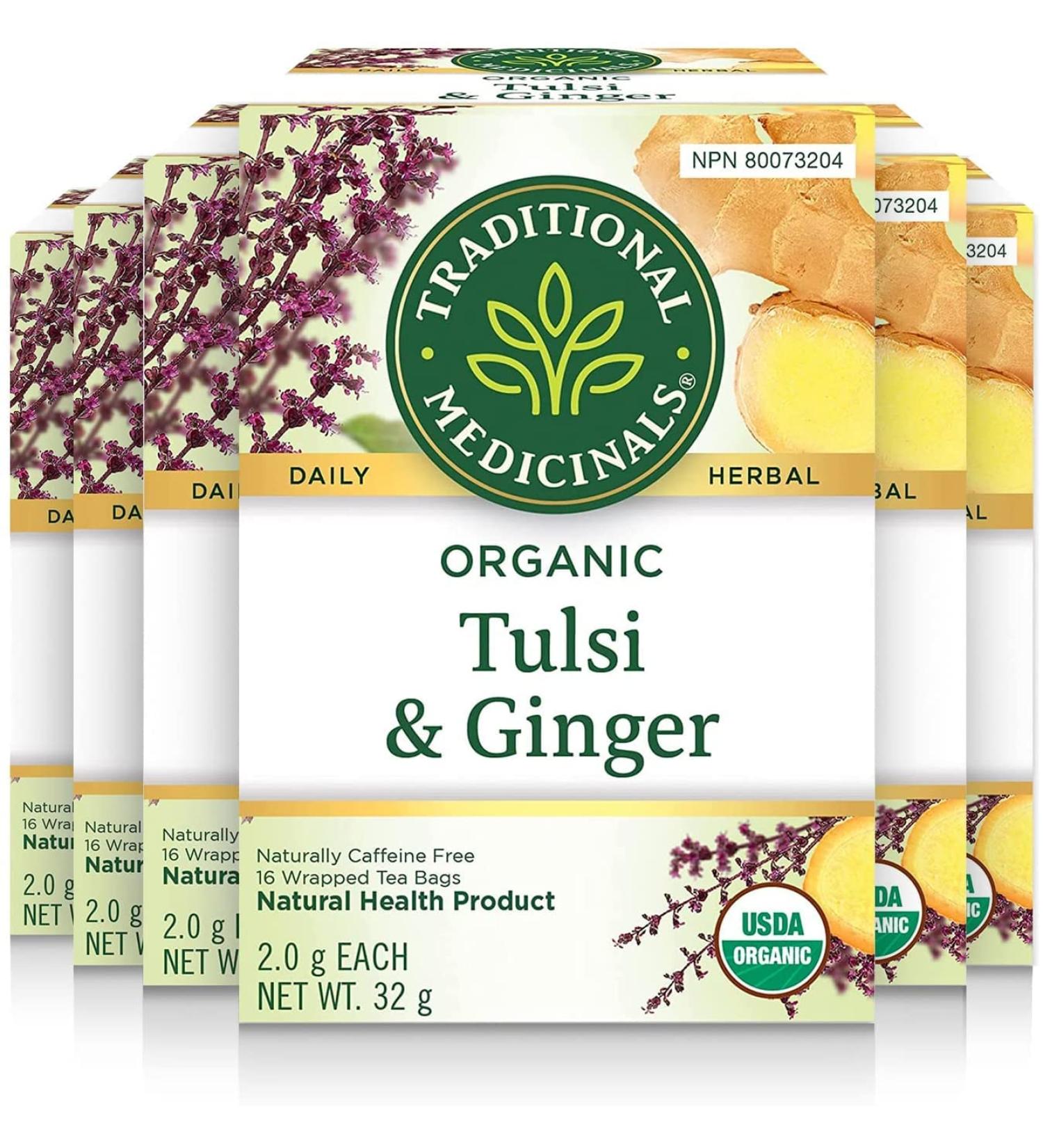 Traditional Medicinals - Organic Tulsi with Ginger Herbal Tea (Pack of 6) - Adaptogen That Helps Increase Energy and Stress Response - 96 Tea Bags Total Tea Tulsi with Ginger 16 Count (Pack of 6) - Buy Online on GoSupps.com