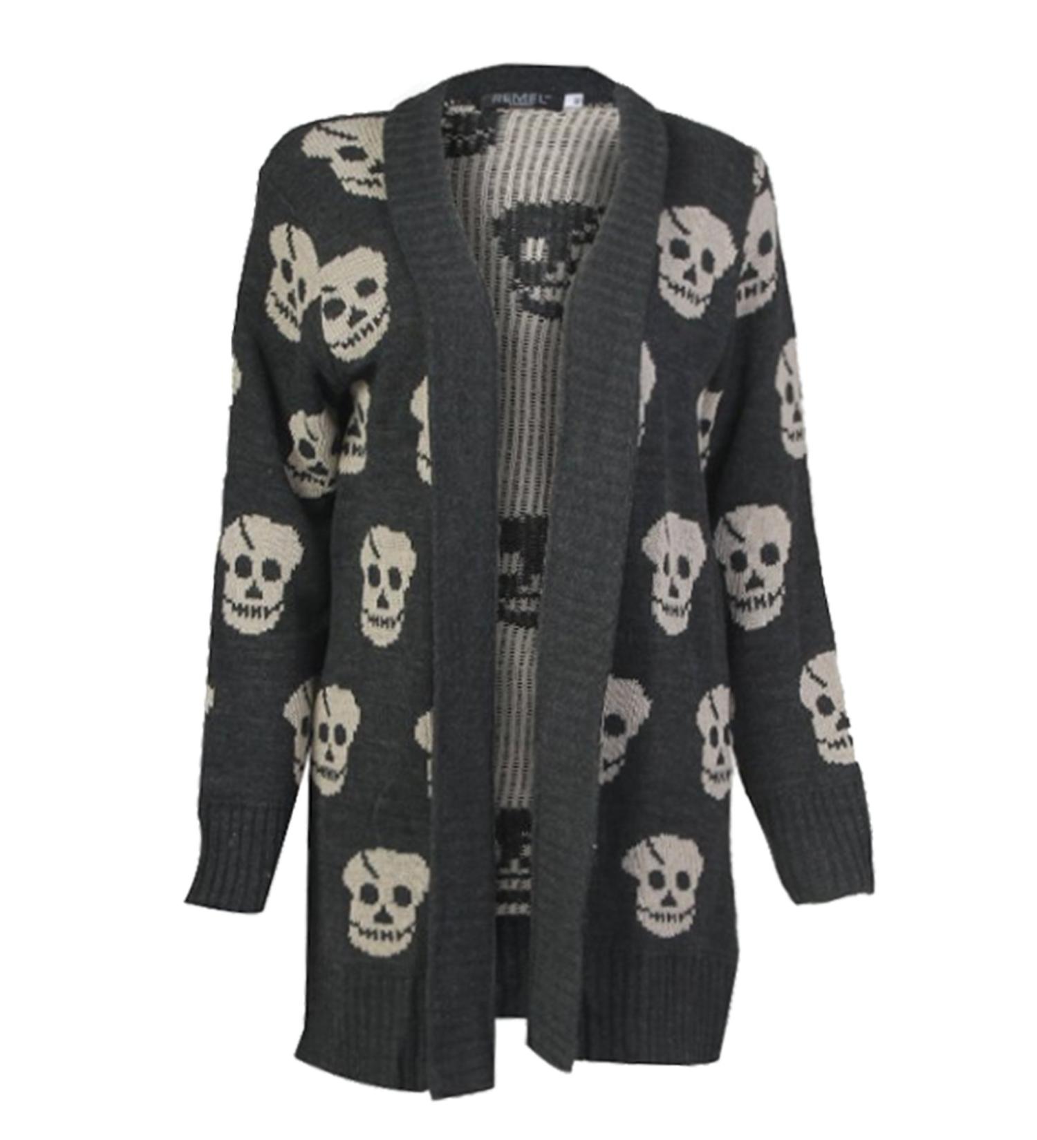 Fast Fashion Ladies Long Sleeves open Cardigan Skull Owl Front and above 20 Sch del Holzkohle