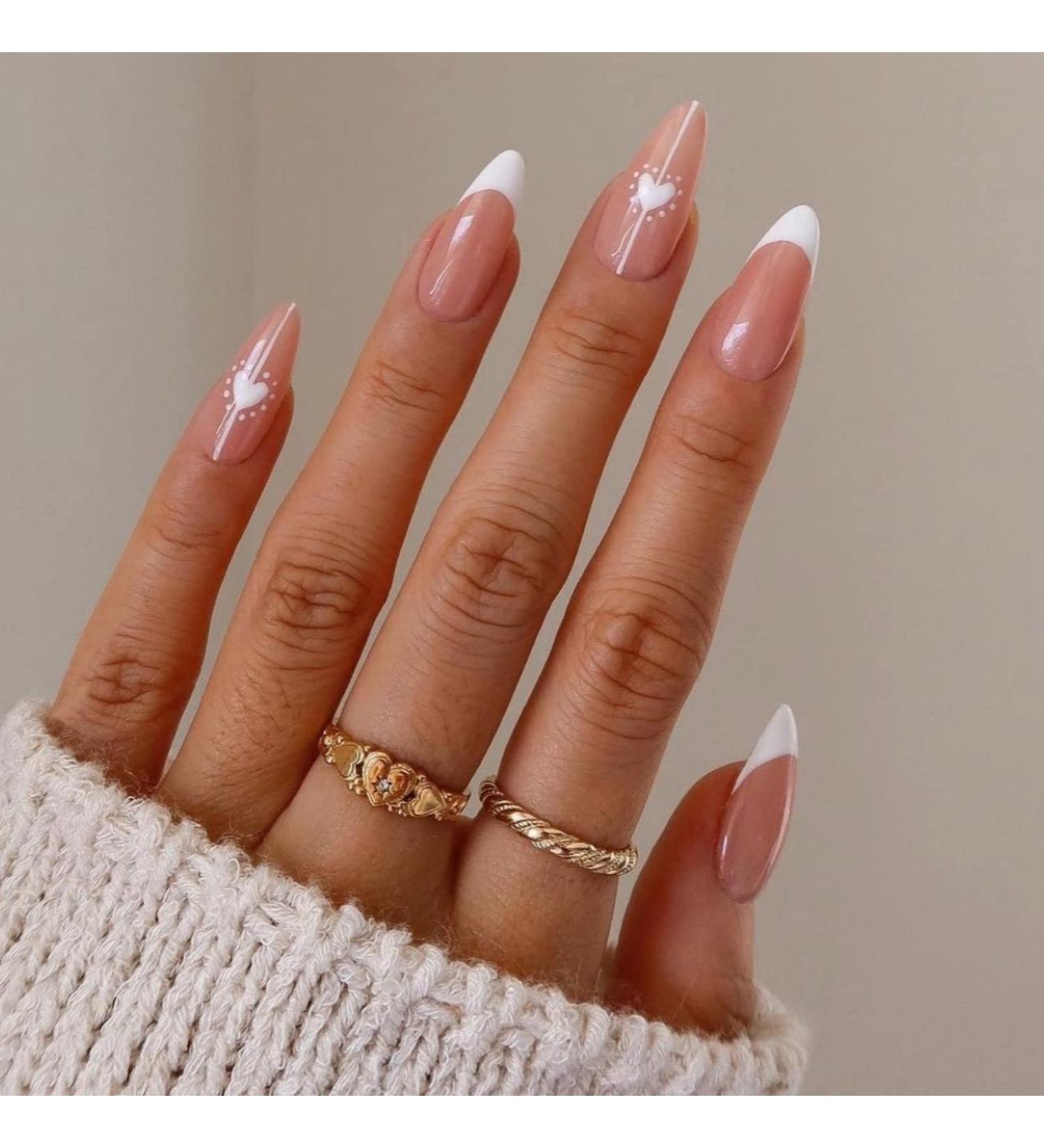 Justotry 24 Pcs Heart Almond Short False Nails - Milky White French Press On Nails with Nail Glue - Oval Medium Stick On Nails for Women - Elegant Fake Nails for Nail Art - Buy Online on GoSupps.com