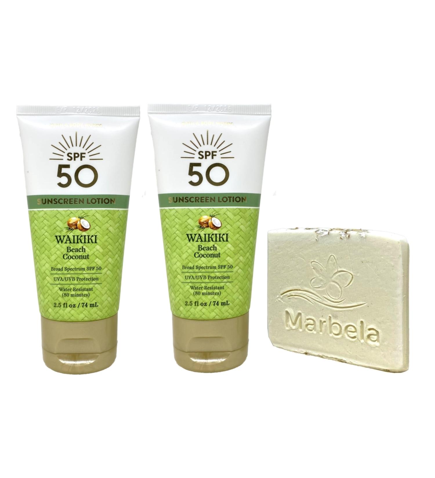 Bath & Body Works Waikiki Beach Coconut SPF 50 Sunscreen Lotion 2 Pack Travel Size with a Natural Oats Sample Soap