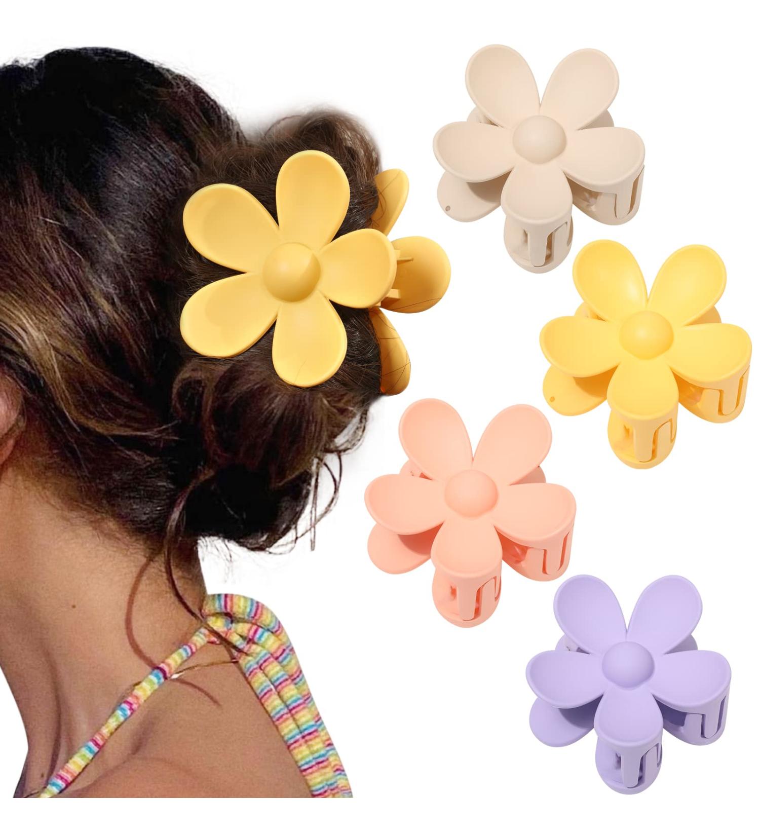 Flower Cute Hair Claw Clips - Set of 4 Matte Small Flowers Hair Clips for Women and Girls - Nonslip Strong Hold Hair Accessories (Yellow+Purple+Pink+Khaki) - Buy Online on GoSupps.com