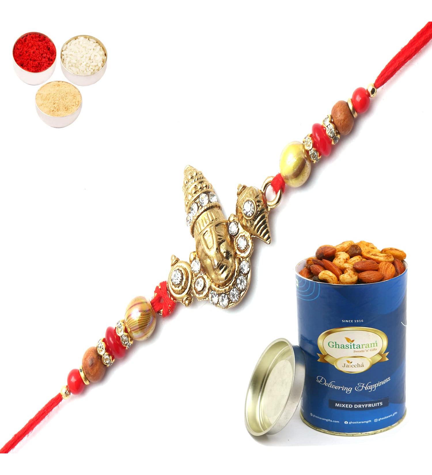 Ghasitaram Gifts Rakhi for Brother Rakhis Online - The Incarnation of Lord Vishnu bestowing his Blessings Rakhi with 100 GMS of Dryfruits Mix Can Rakhi Set with 100 gms of Dryfruits Mix Can - Buy Online on GoSupps.com