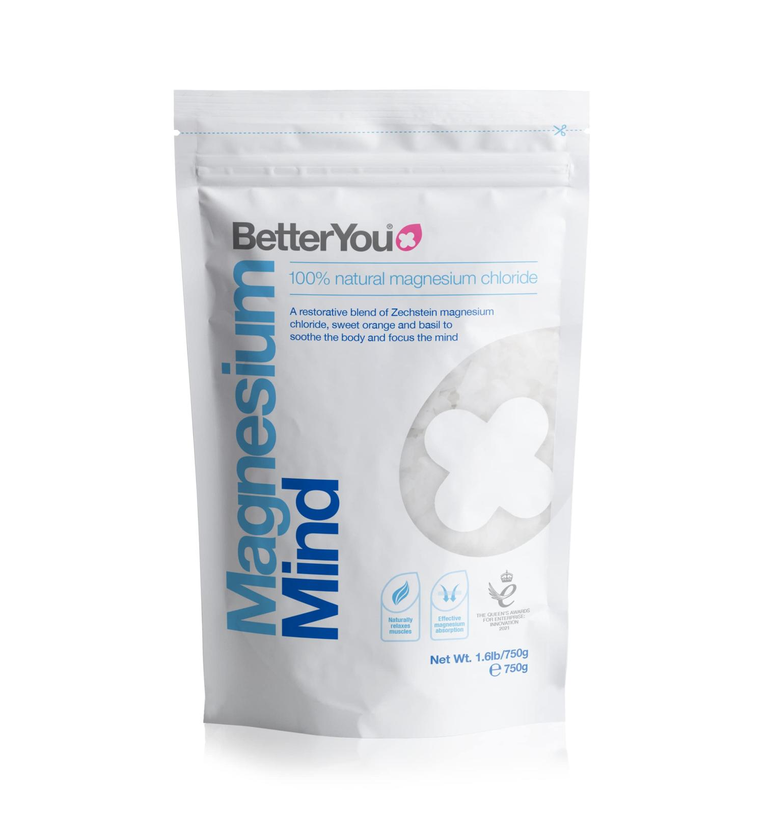 BetterYou Magnesium Mind Bath Flakes blend of pure Zechstein magnesium chloride with revitalizing essential oils sweet orange and basil to soothe body and mind 750 g - Buy Online on GoSupps.com