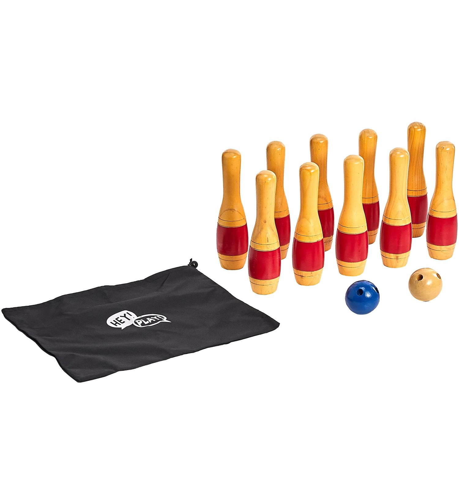 Hey! Play! Lawn Bowling Game/Skittle Ball Set - Indoor & Outdoor Fun for Toddlers, Kids & Adults - 10 Wooden Pins, 2 Balls & Mesh Bag (11 Inch) - Buy Online on GoSupps.com