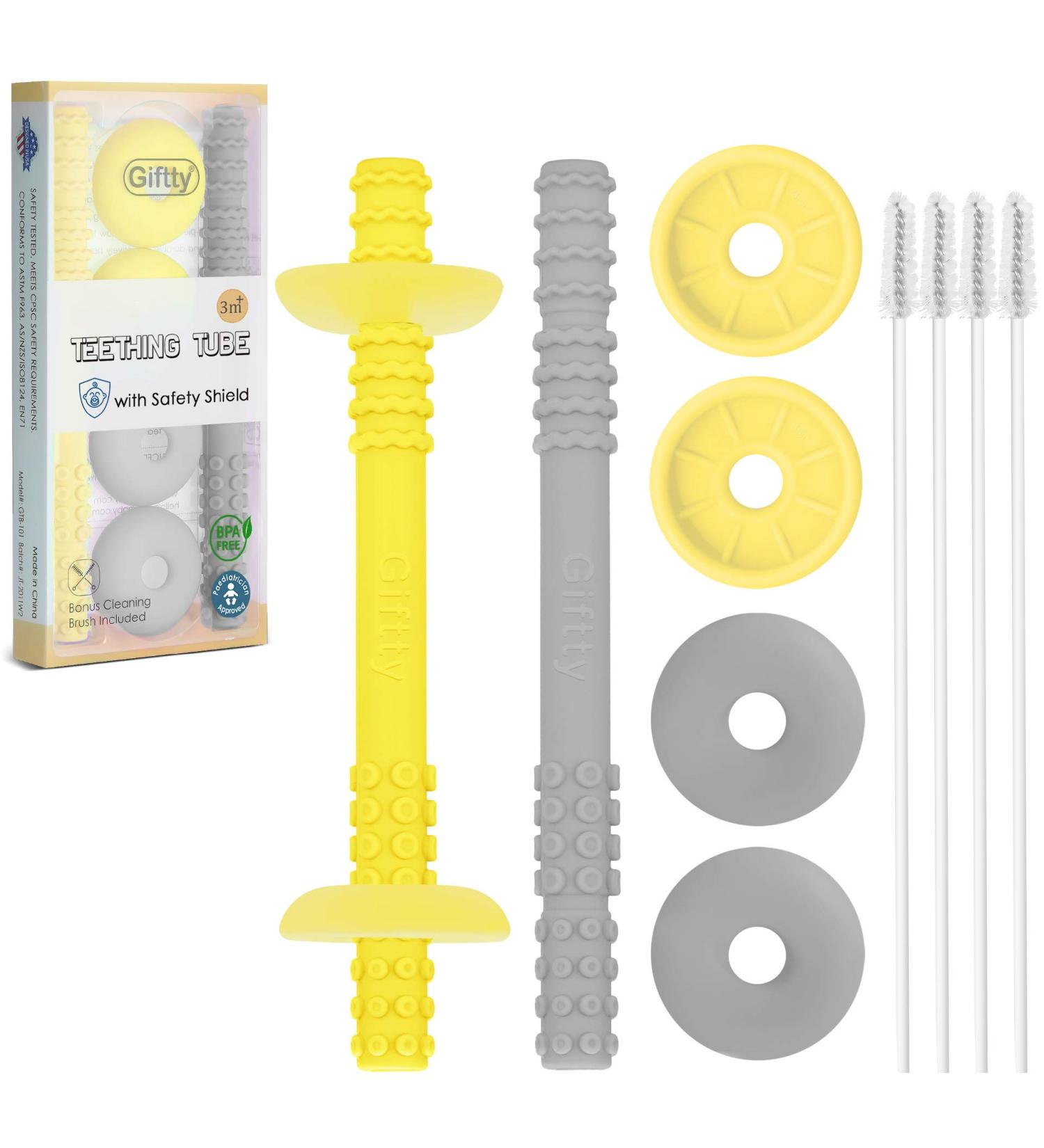 Teething Tube with Safety Shield Baby Hollow Teether - Food-Grade Silicone for Infant 3-12 Months - Sensory Toys Gum Massager for Boys Girls - 1 Pair (Yellow+Gray) - Buy Online on GoSupps.com