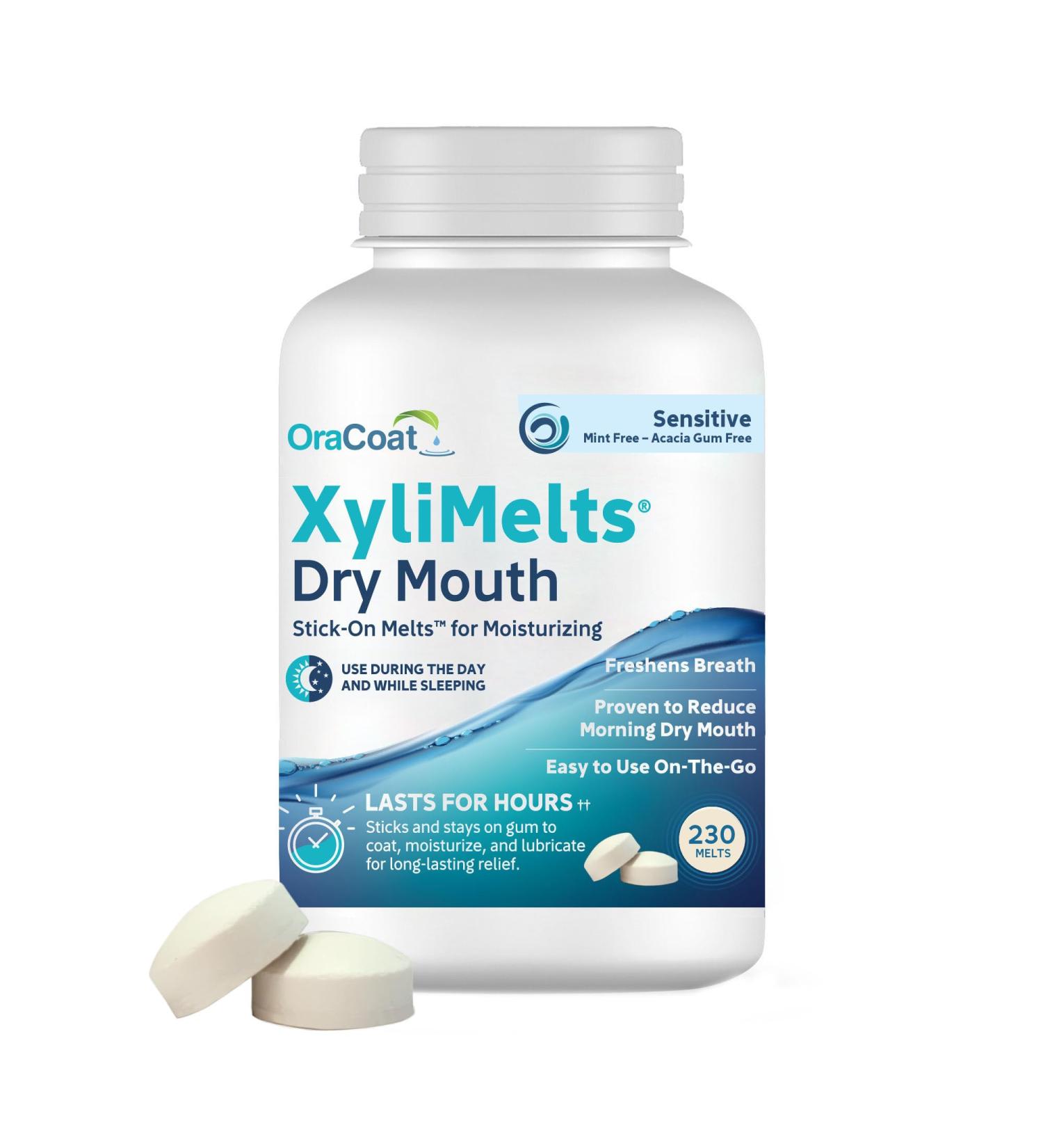 OraCoat XyliMelts Dry Mouth Relief Stick-On-Melts for Sensitive Mouths Mint-Free and Acacia Gum-Free with Xylitol 230 Count Non-Acidic Day & Night User Long Lasting 8-Hour Moisturizing Relief