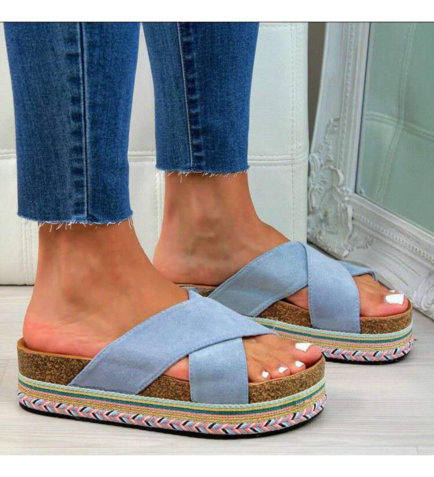 Shop Stylish Women's Plateau Wedge Sandals - Summer Beach Slip-On Bohemian Casual Flip-Flops Open Toe Non-Slip - Available in Blue EU Sizes 39 & 43 - Buy Online on GoSupps.com