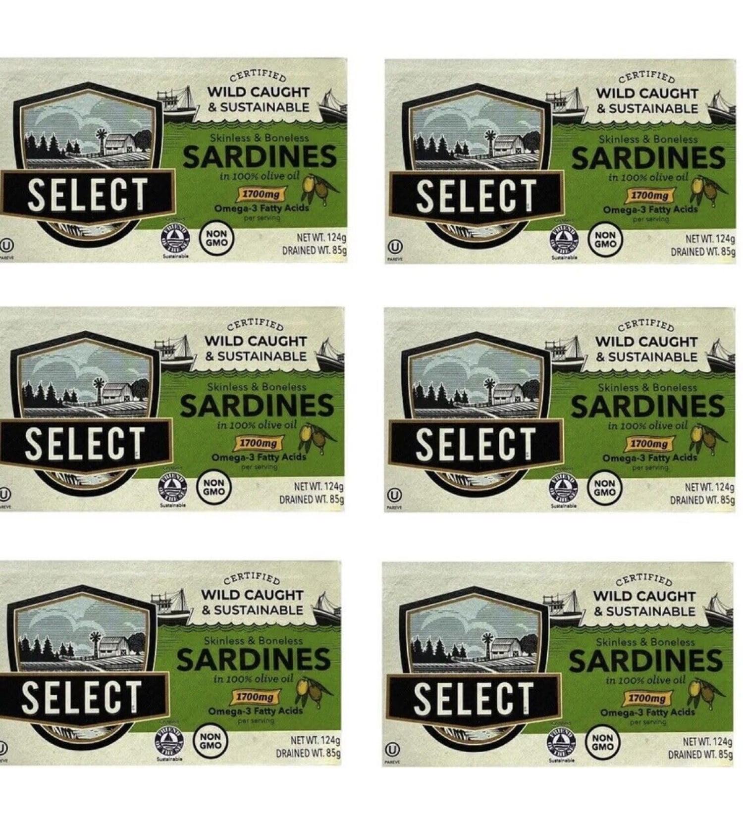 Select Sardines in Olive Oil Skinless Boneless Sustainably Harvest Pack 6 x 124g - Buy Online on GoSupps.com