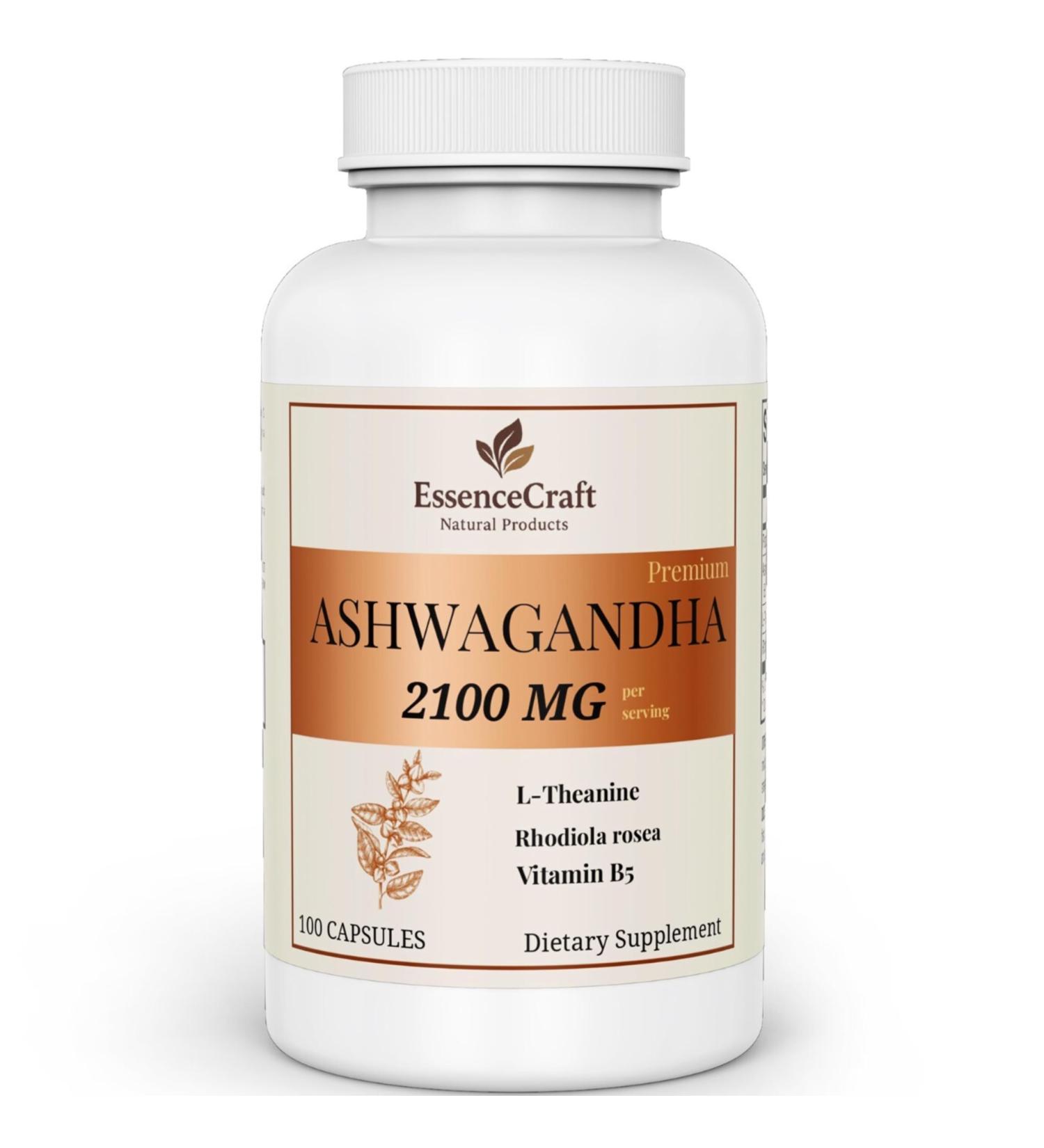 EssenceCraft Natural Products Ashwagandha 2100mg High Potency Root Extract Adaptogenic Herbal Supplement Energy Mood & Focus Support with L-Theanine Rhodiola & B5 100 Capsules - Buy Online on GoSupps.com