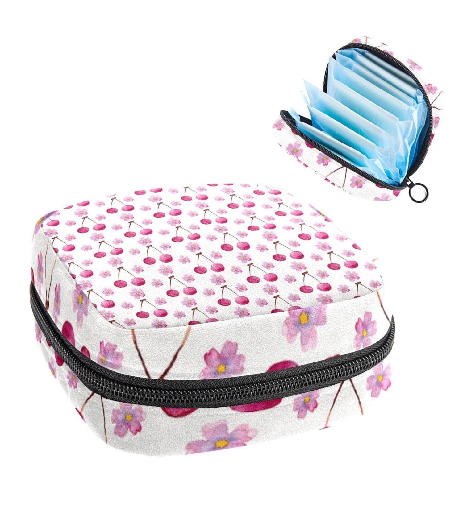 Stylish Women's Portable Period Kit | Bonds Storage Pockets - Hot Watercolor Pink Flower & Cherry Pattern - Buy Online on GoSupps.com