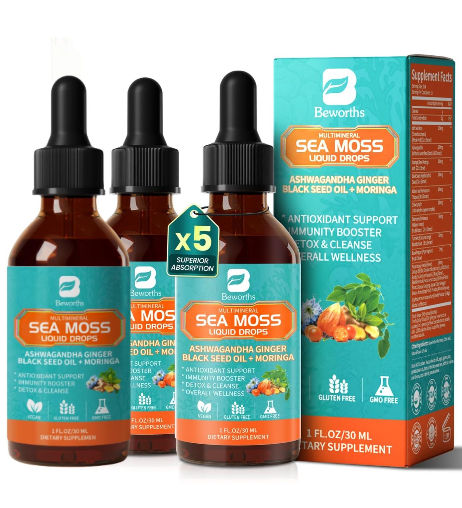3Pack Sea Moss Drops - Irish Sea Moss Chlorophyll Liquid with Black Seed Oil Ashwagandha Moringa Turmeric Elderberry Mullein Seamoss Gel Supplement for Liver Cleaner Detox & Gut Immune Support Chlorophyll 1 Fl Oz (P  - Buy Online on GoSupps.com