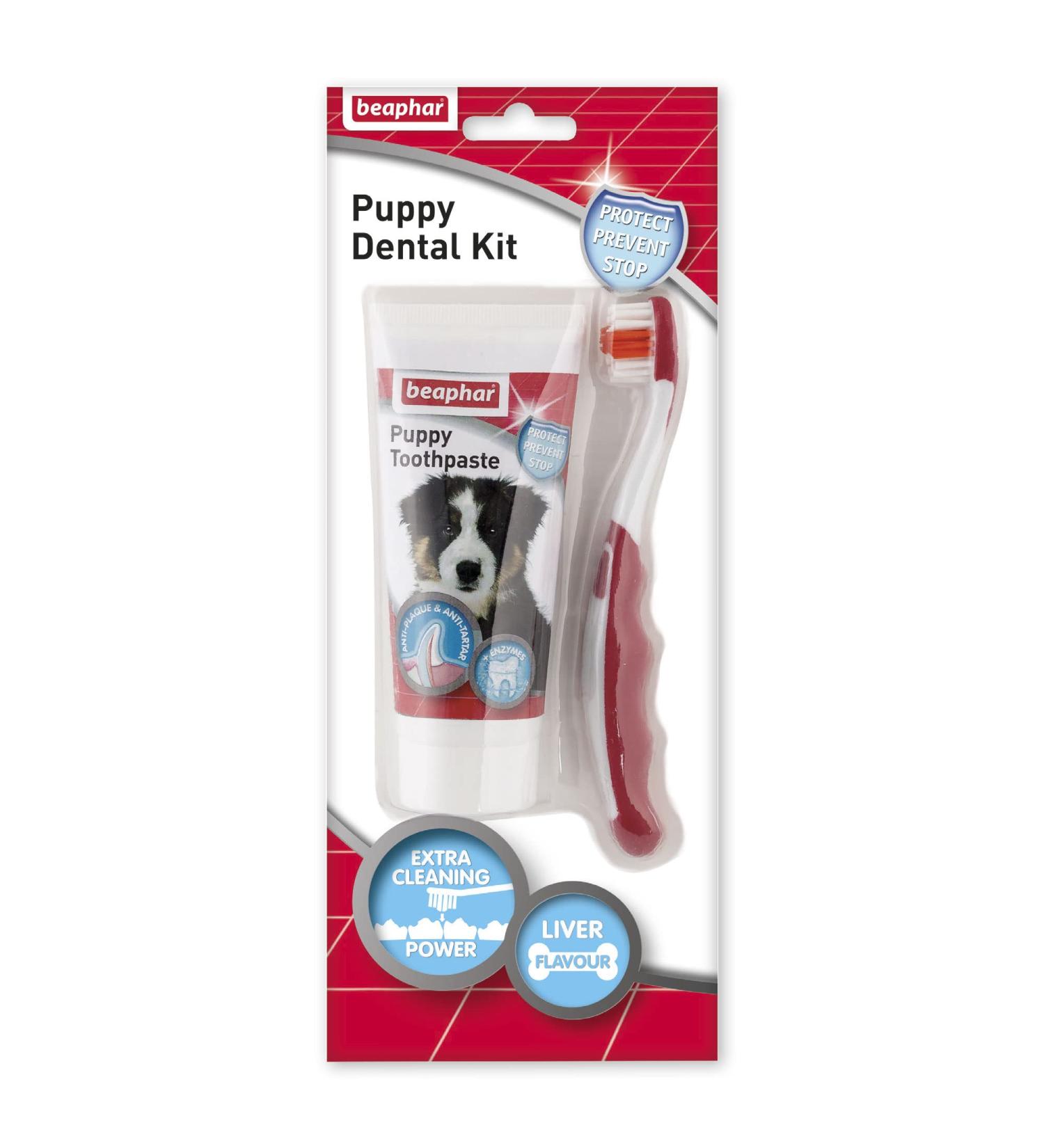 Beaphar Puppy Dental Care Kit | Small-Headed Toothbrush & Liver-Flavoured Toothpaste 50g Tube - Buy Online on GoSupps.com