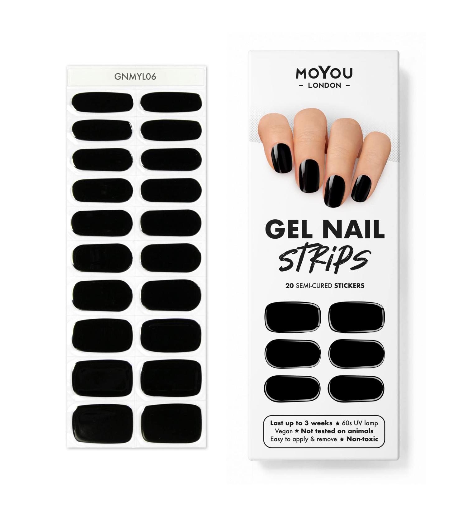 Moyou London 20 Pcs Semi Cured Gel Nail Wraps in Jet Black - Salon-Quality Manicure Set with Nail File & Cuticle Stick - UV/LED Lamp Required - Buy Online on GoSupps.com