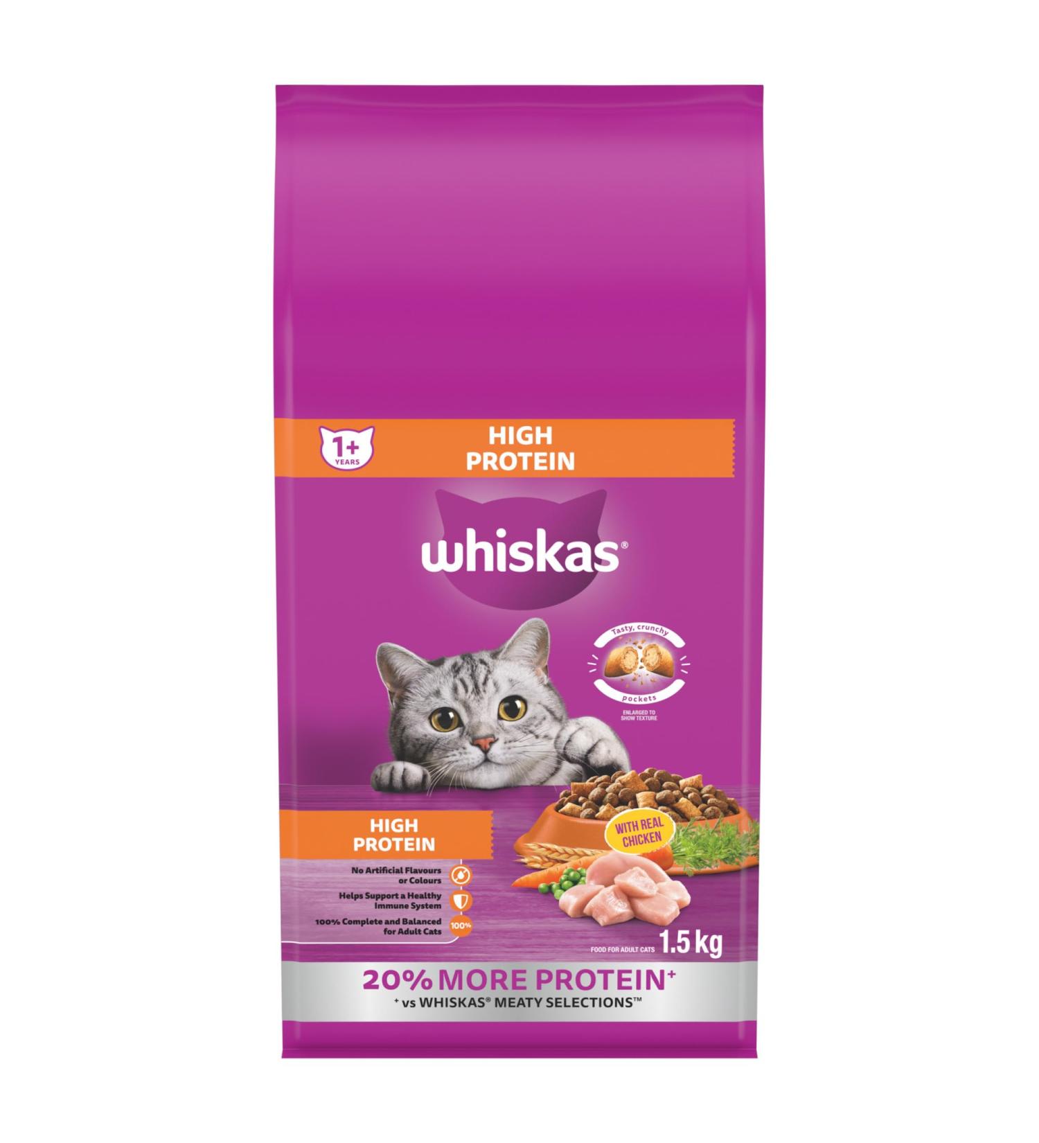 WHISKAS Adult Dry Cat Food - High Protein with Real Chicken 1.5kg Bag - Buy Online on GoSupps.com