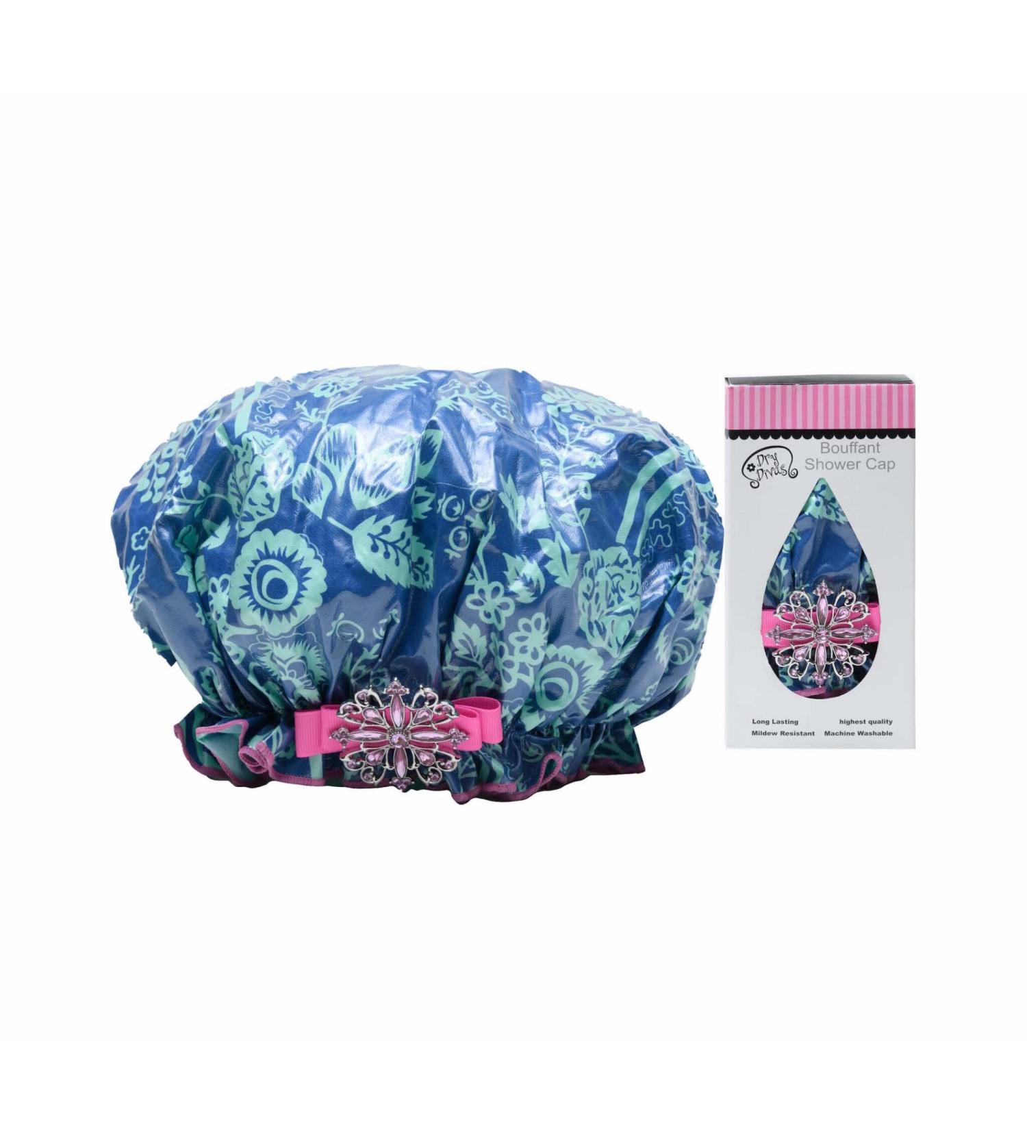 Dry Divas Designer Shower Cap - Washable, Reusable - Large Bouffant With Vintage Jeweled Brooch (Blu-tiful)