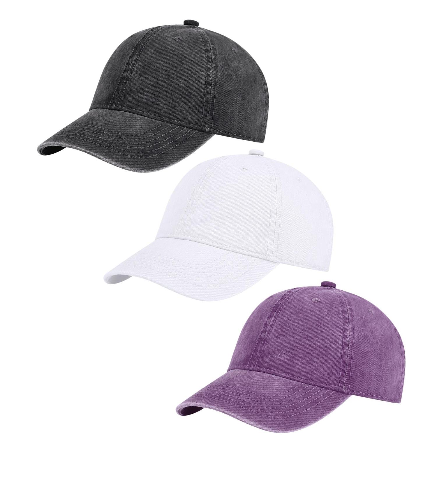 AOSMI 3 Pack Vintage Washed Cotton Adjustable Baseball Caps - Unisex Low Profile Dad Hat Set (Black/White/Purple) - Buy Online on GoSupps.com