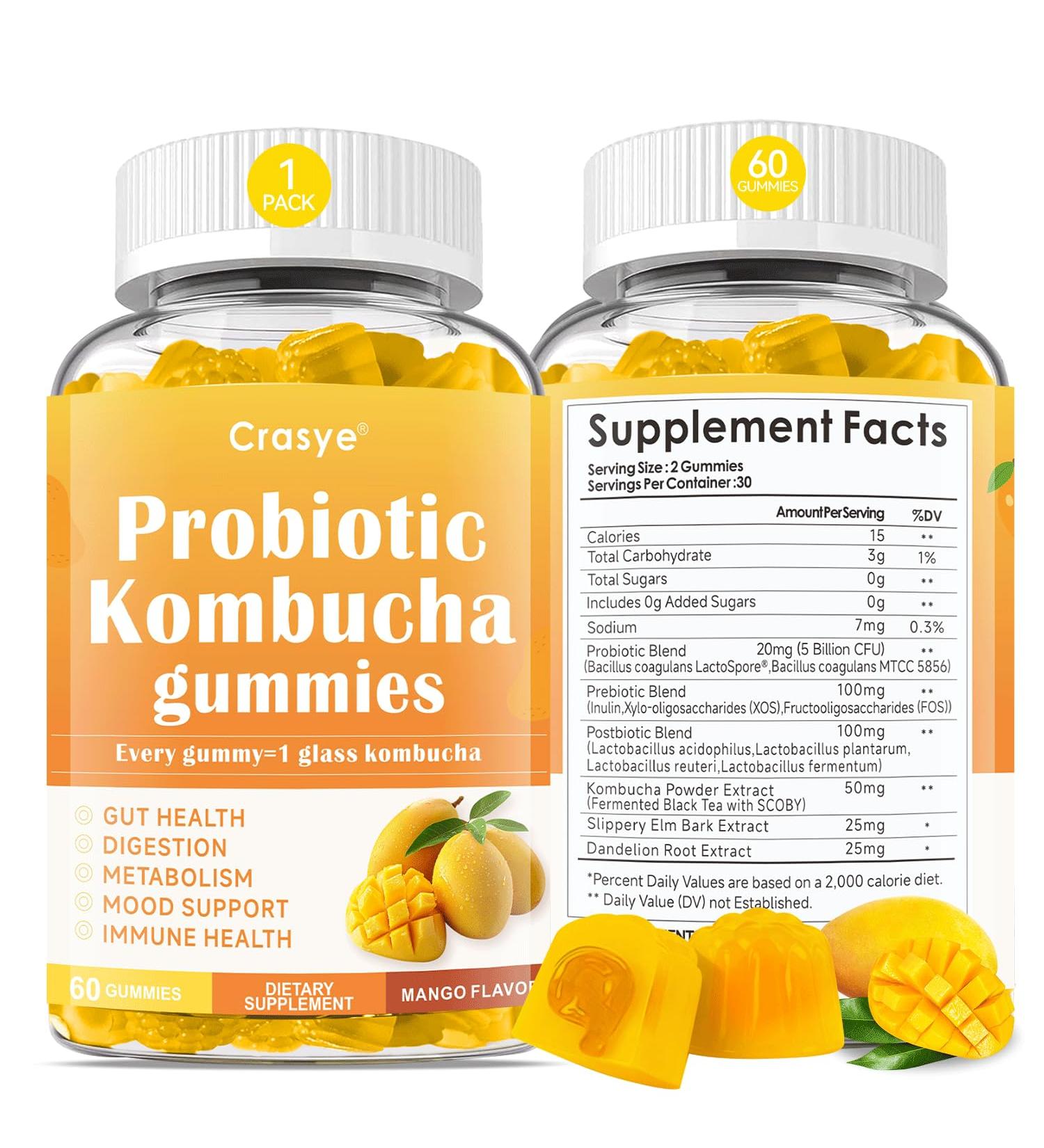 Crasye Probiotic Kombucha Gummies Sugar Free Prebiotic Postbiotic Probiotics Gummies with Slippery Elm for Women and Men Bloating Gut Health Immune and Digestive Support - 60 Gummies - 30 Servings - Buy Online on GoSupps.com