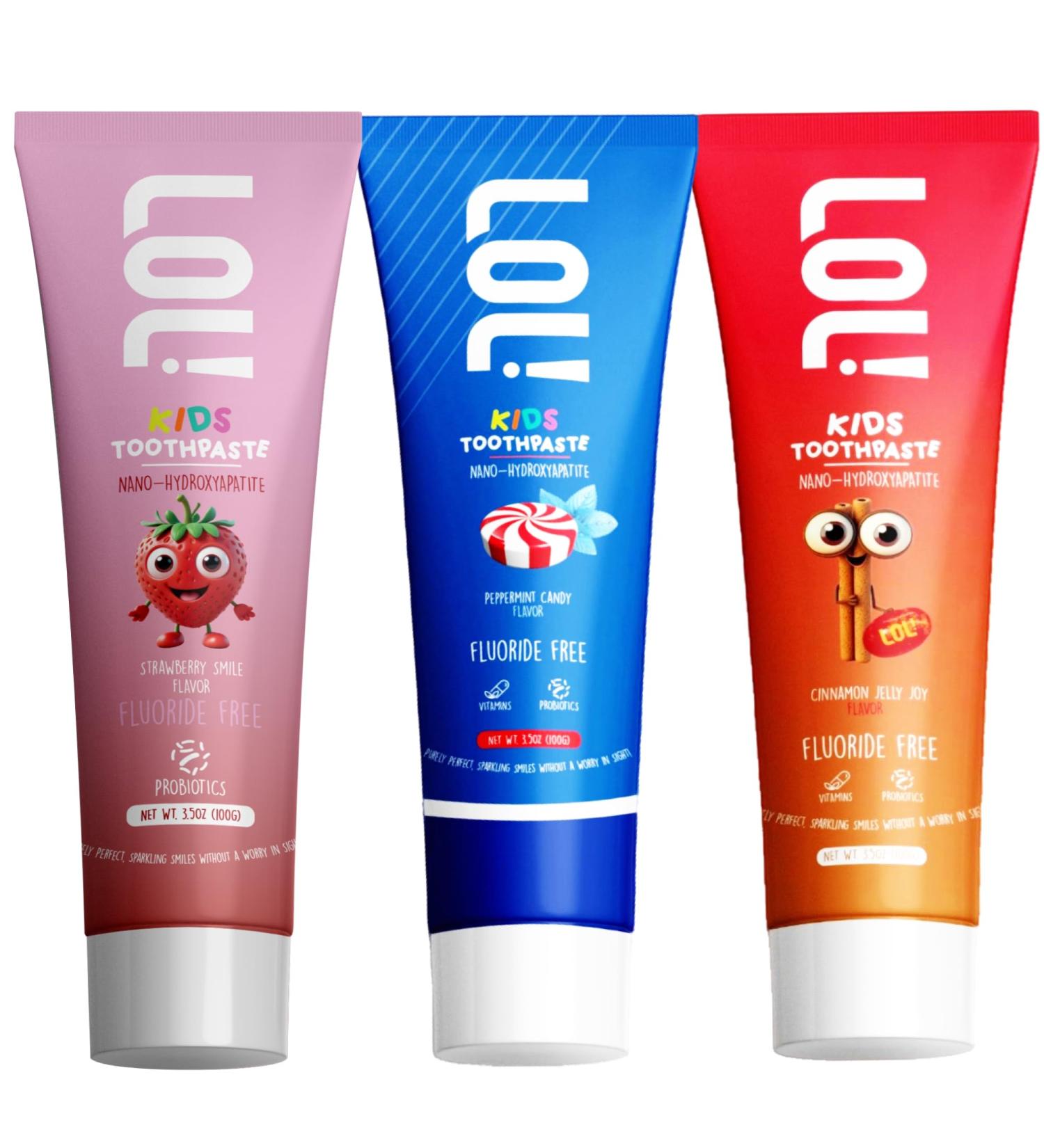 LOL Kids Toothpaste 3-Flavor Pack | Nano Hydroxyapatite Toothpaste Probiotics Vitamins A C E | Safe if Swallowed No SLS | 1 Peppermint 1 Strawberry & 1 Cinnamon - Buy Online on GoSupps.com