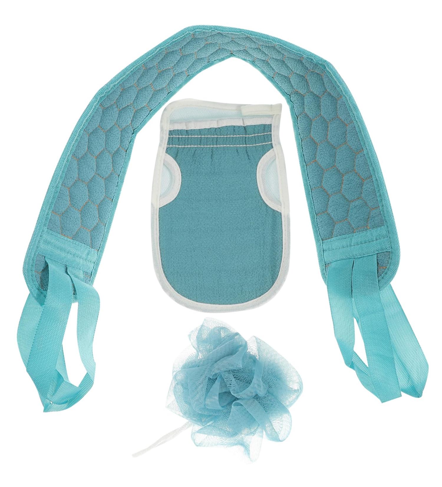 Housoutil Bath Towel Loofah Set - 3-Piece Back Scrubbing Strap & Bath Mitt - Mesh Ball & Gloves for Women & Men - Blue Green 60x9cm - Buy Online on GoSupps.com