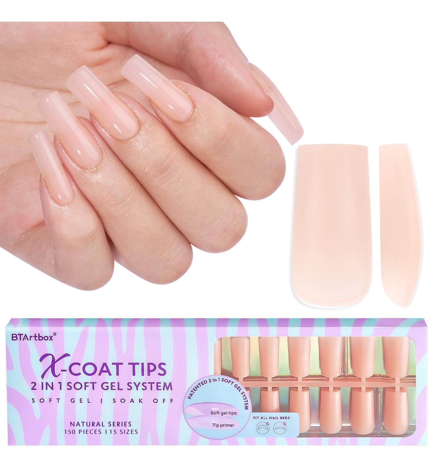 Bartbox Long Square Nail Tips - Full Cover Soft Gel XL Nail Tips (150 pcs) | Beige Quadratic Artificial Fingernails for Gel Extensions - Buy Online on GoSupps.com