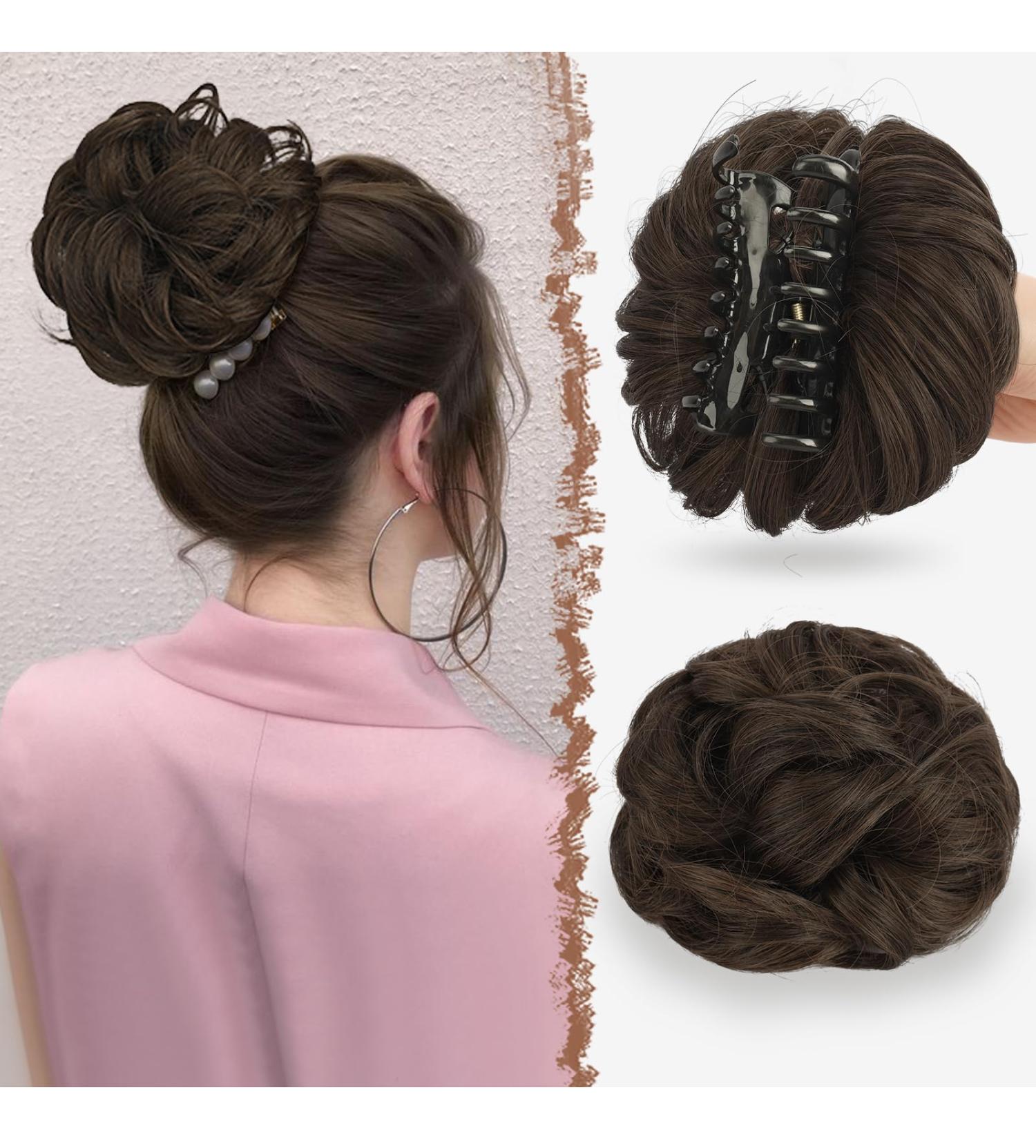 FESHFEN Claw Clip Messy Bun Hair Piece - Dark Brown & Light Auburn Mixed Curly Wavy Hair Bun for Women - Buy Online on GoSupps.com
