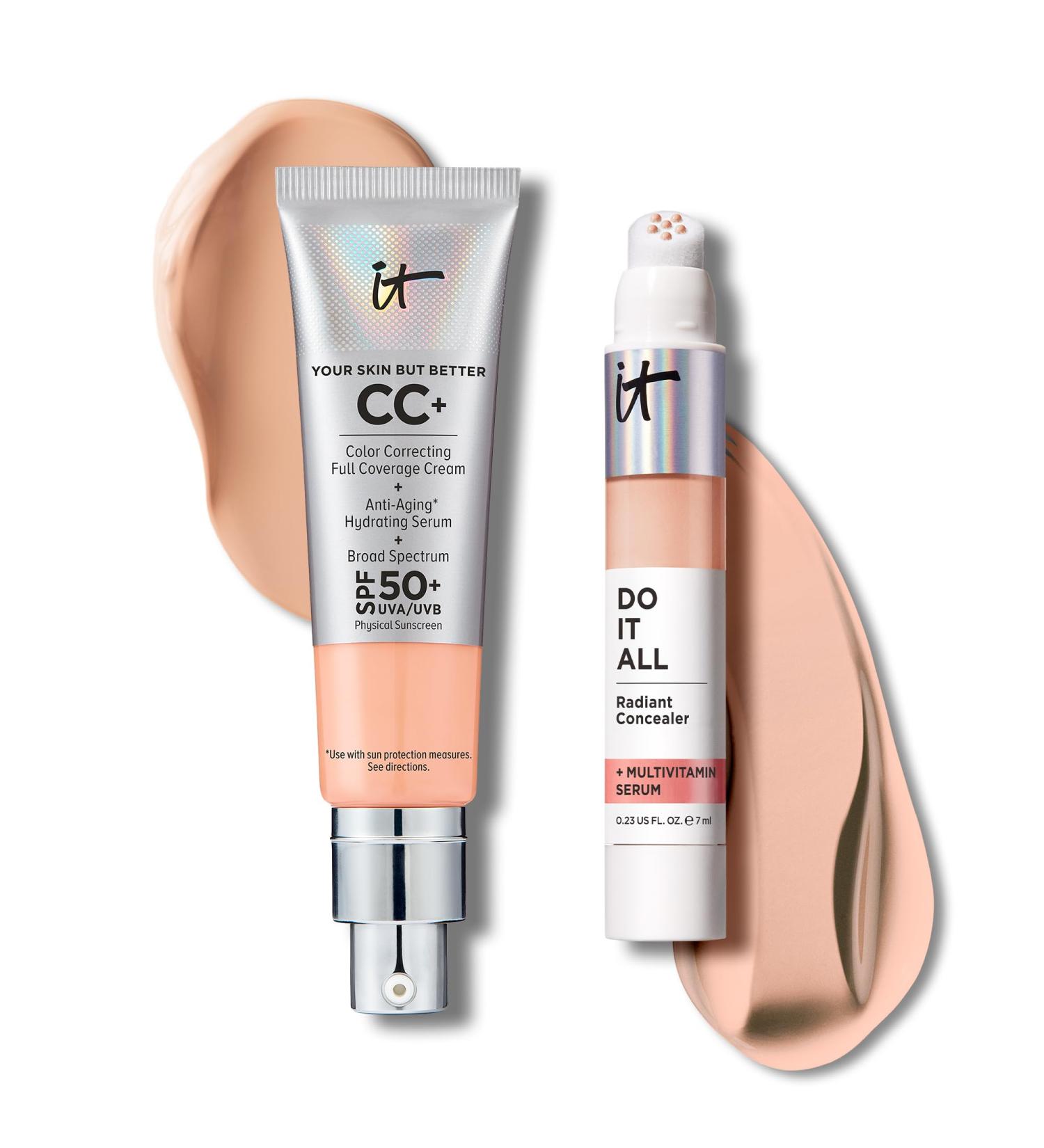 IT Cosmetics CC+ Cream with SPF 50+ Natural Finish Full Coverage Foundation (Light Cool - 1.08 fl oz) & Do It All Radiant Concealer Multivitamin Serum Makeup (205 Light Cool - 0.2 fl oz) - Buy Online on GoSupps.com