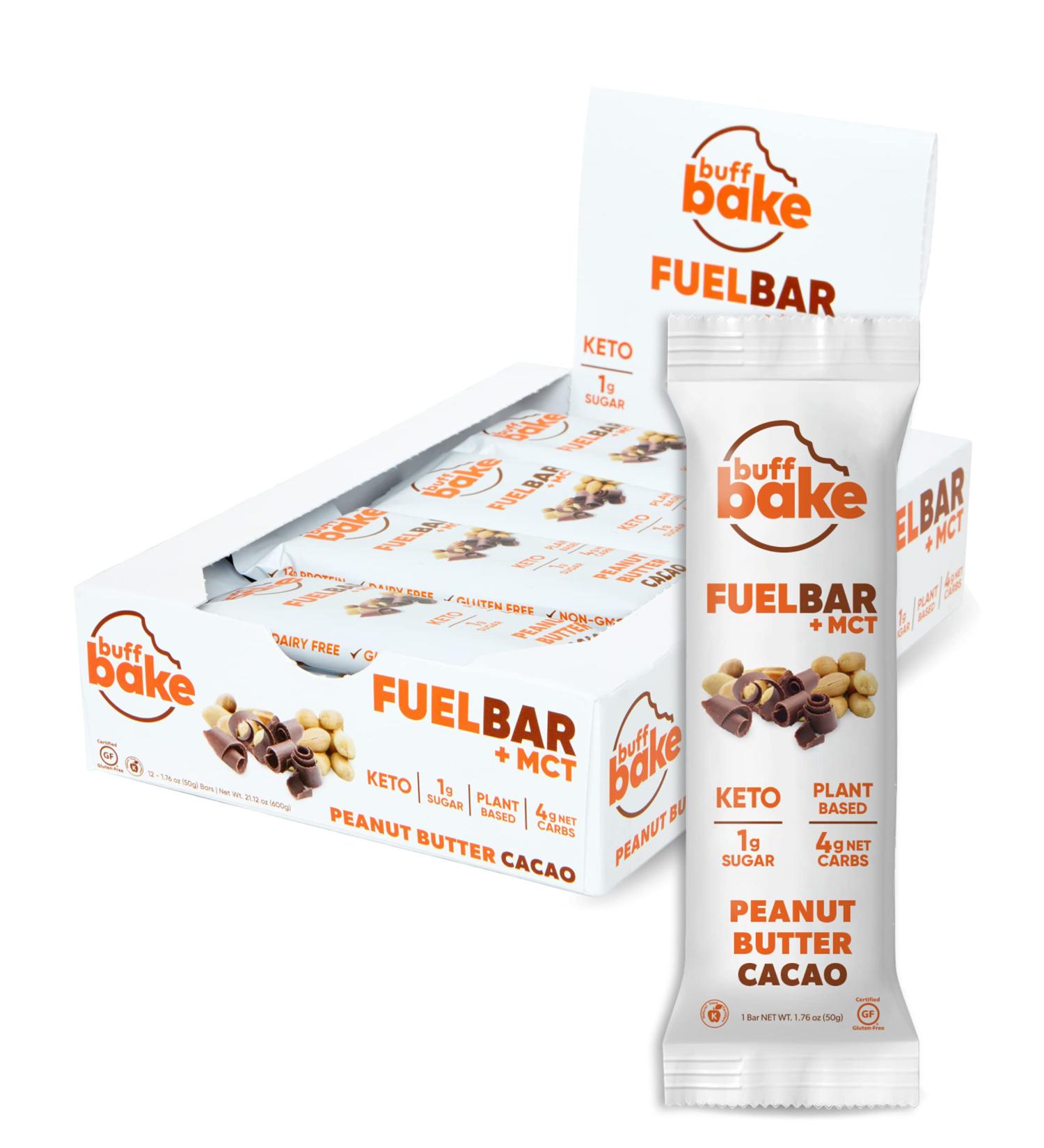 Buff Bake Fuel Bar Keto Protein Bars - Vegan, Low Carb, Non Dairy, Gluten Free, 12g Plant Based Protein - MCT, Energy, Fiber, 1g Sugar, 4g Net Carbs - Peanut Butter Cacao 12 Pack - Buy Online on GoSupps.com