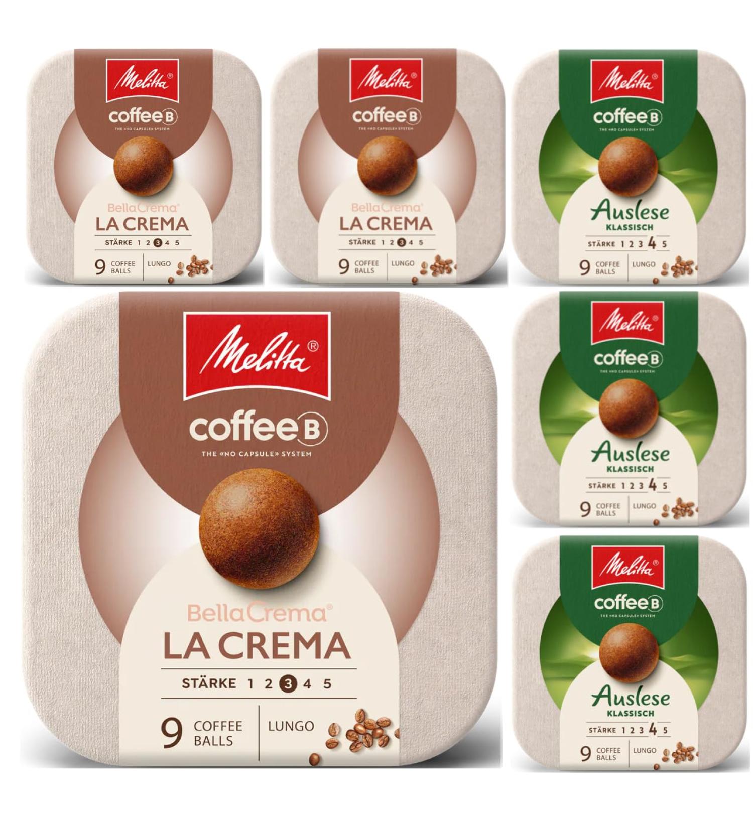  CoffeeB by caf royal CoffeeB by Caf Royal Bella Crema La Crema Classic Coffee Balls Set of 7 and 3 Boxes of 9 Coffee Balls 51g Each Set of 6 (6 x 9 Coffee Balls) - Buy Online on GoSupps.com