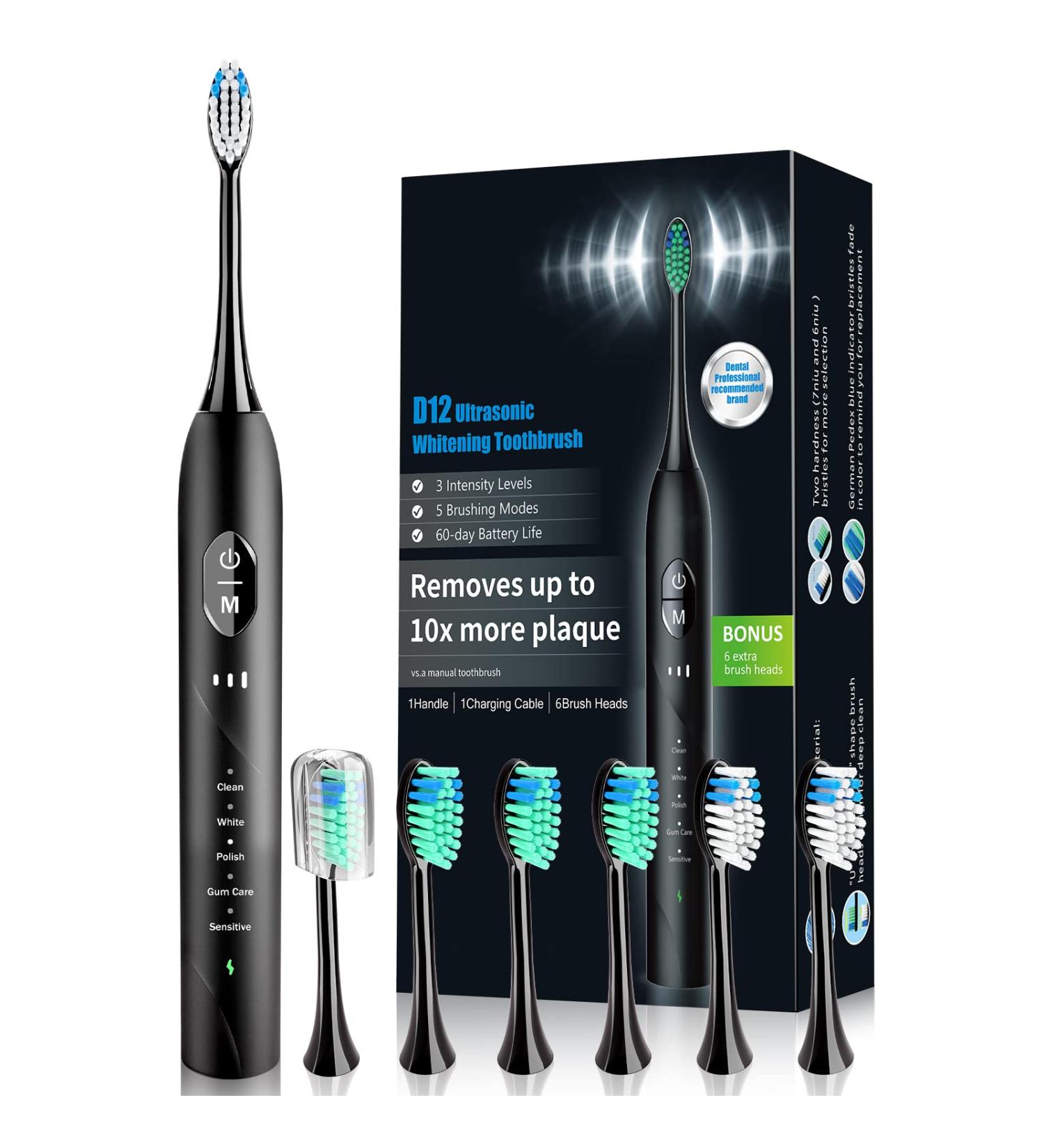 Sonic Electric Toothbrush for Adults - Rechargeable 6 Replacement Heads 5 Modes IPX7 Waterproof Antique Black - Buy Online on GoSupps.com