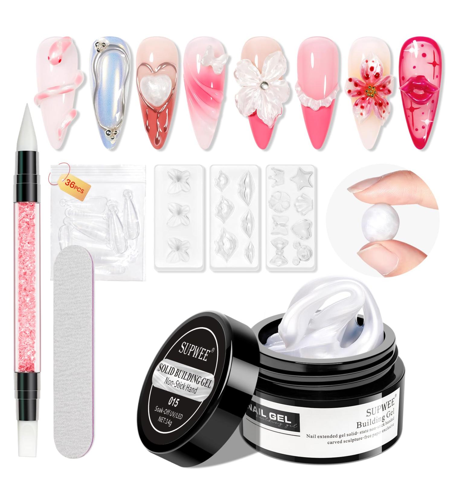  SUPWEE 3D Nail Art Gel - 14g - Non-stick gel - Solid Builder - For nail extensions - With nail brush and silicone mold - For manicures - Pearl white - Buy Online on GoSupps.com