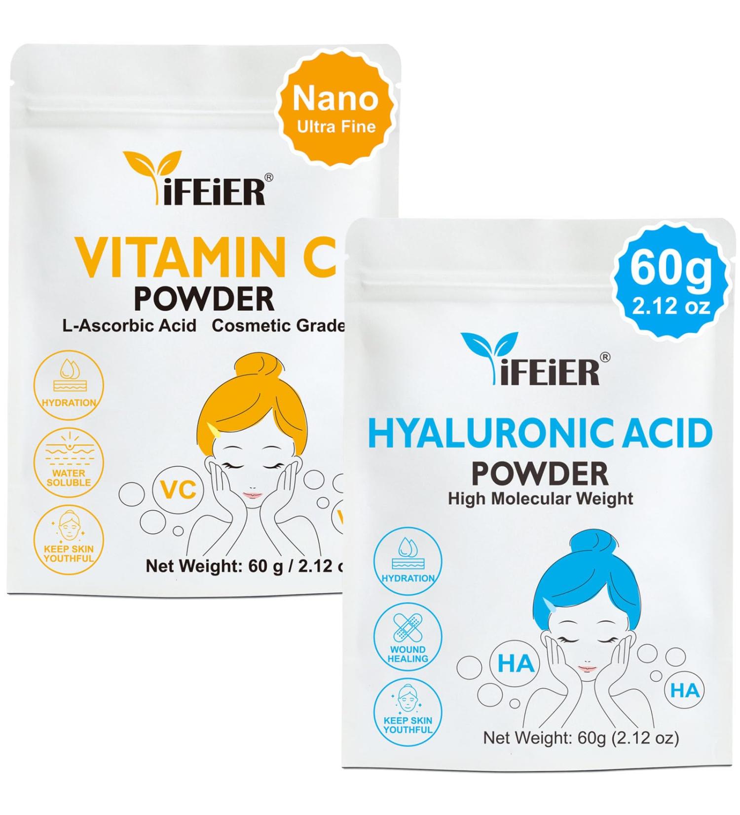 Discount Combo: iFEiER High Molecular Weight Hyaluronic Acid 60g(2.12oz) + iFEiER Cosmetic Grade Vitamin C Powder for face | Nano Ultra Fine | Pure Vitamin C serum powder 60g(2.12oz)