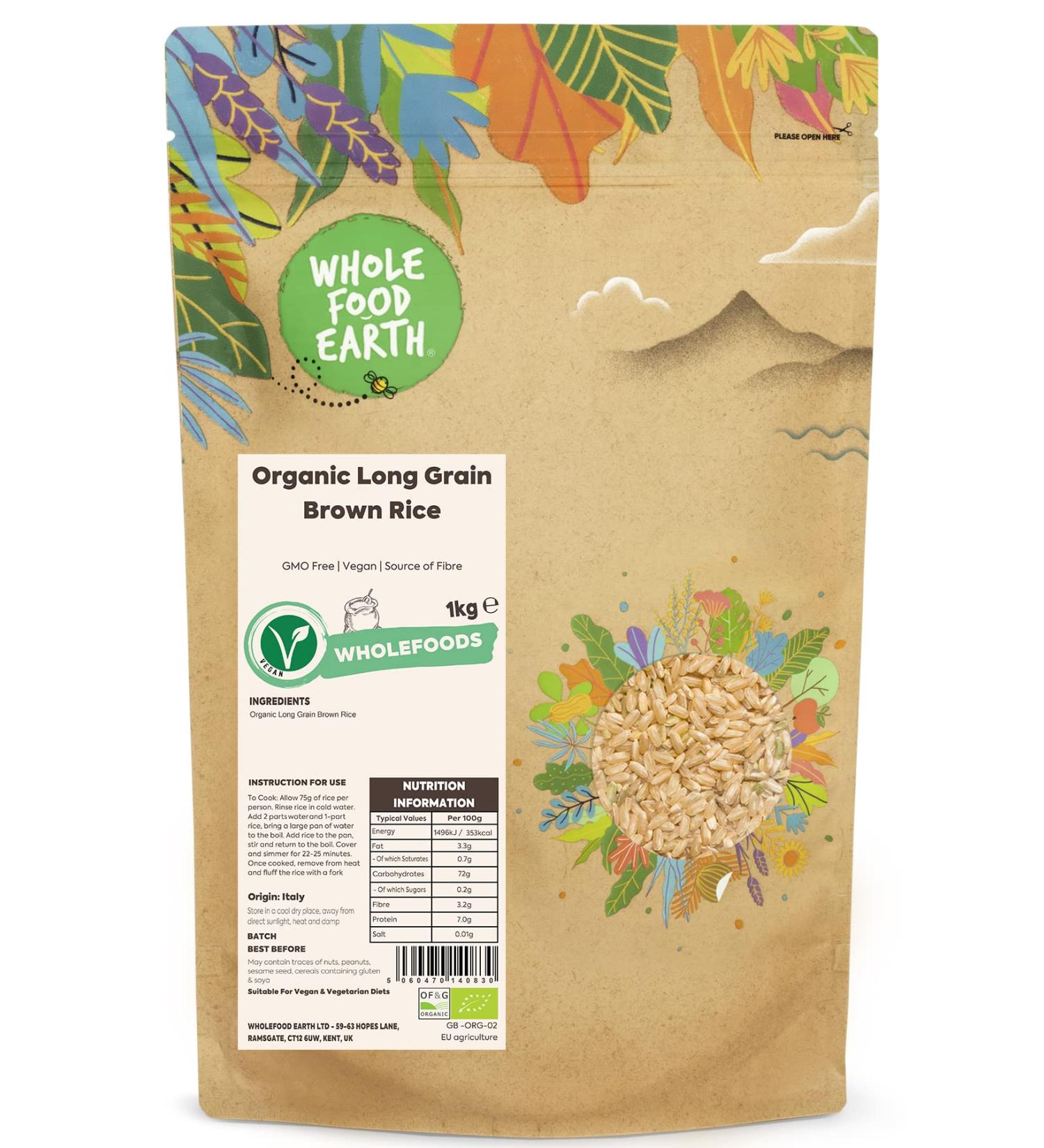 Wholefood Earth Organic Long Grain Brown Rice 1kg - GMO Free, Vegan, Certified Organic, High in Fibre - Buy Online on GoSupps.com