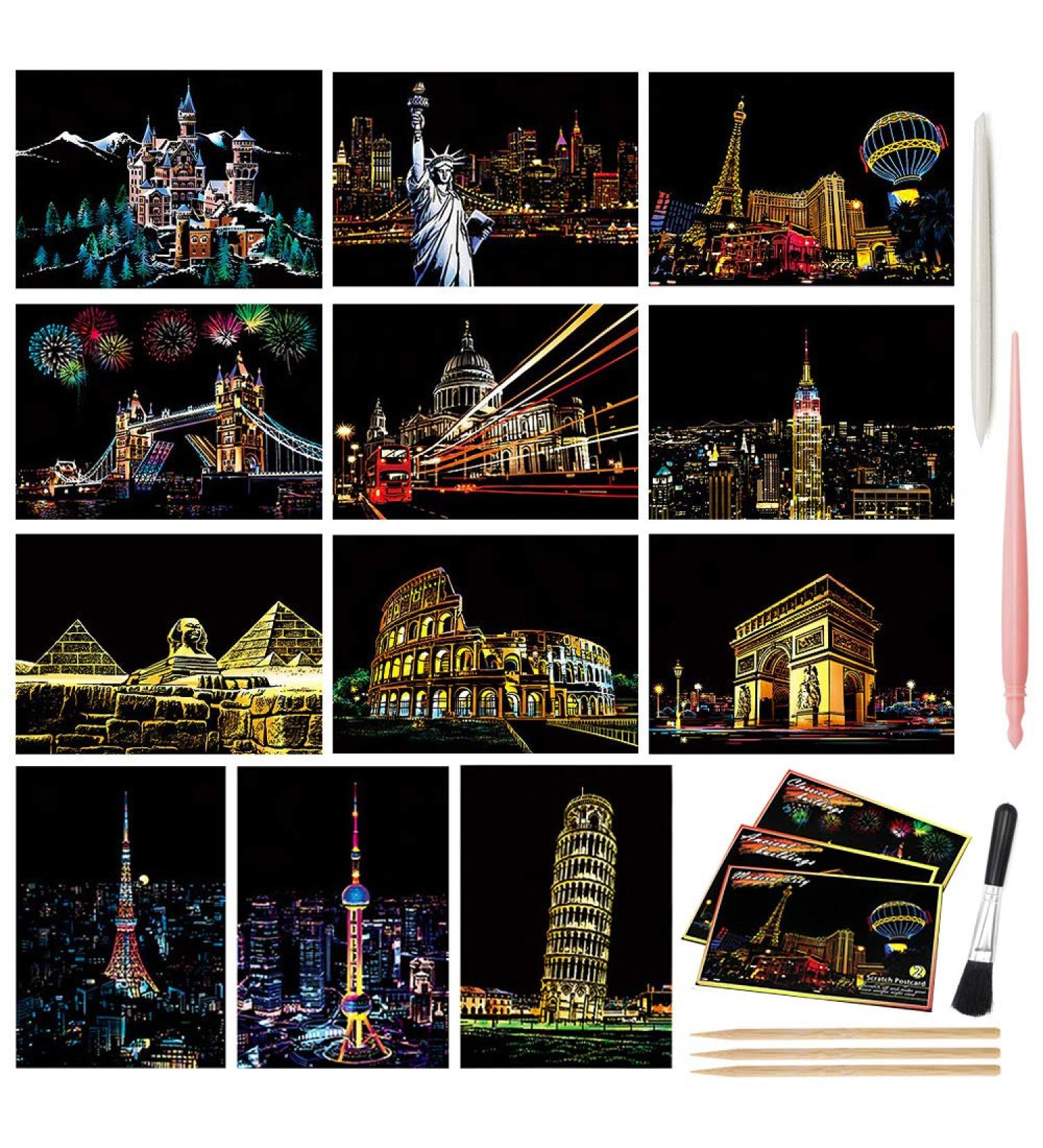 Magic Scratch Art Paper Building Series - 12 Sheets Rainbow Landscape Engraving DIY Mini Scratchboard Set for Adults and Kids - Includes Scratch Postcard Cards, Drawing Pens, and Brush - Buy Online on GoSupps.com