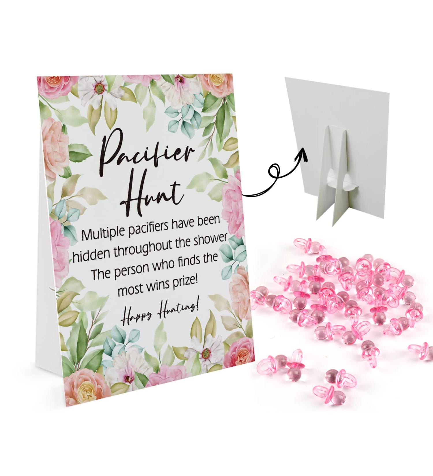 Flower Theme Baby Pacifier Hunt Game Set | Gender Reveal & Baby Shower Activities | 8x10 Sign with 50 Mini Acrylic Pacifiers | Fun Adults & Kids Games - Buy Online on GoSupps.com