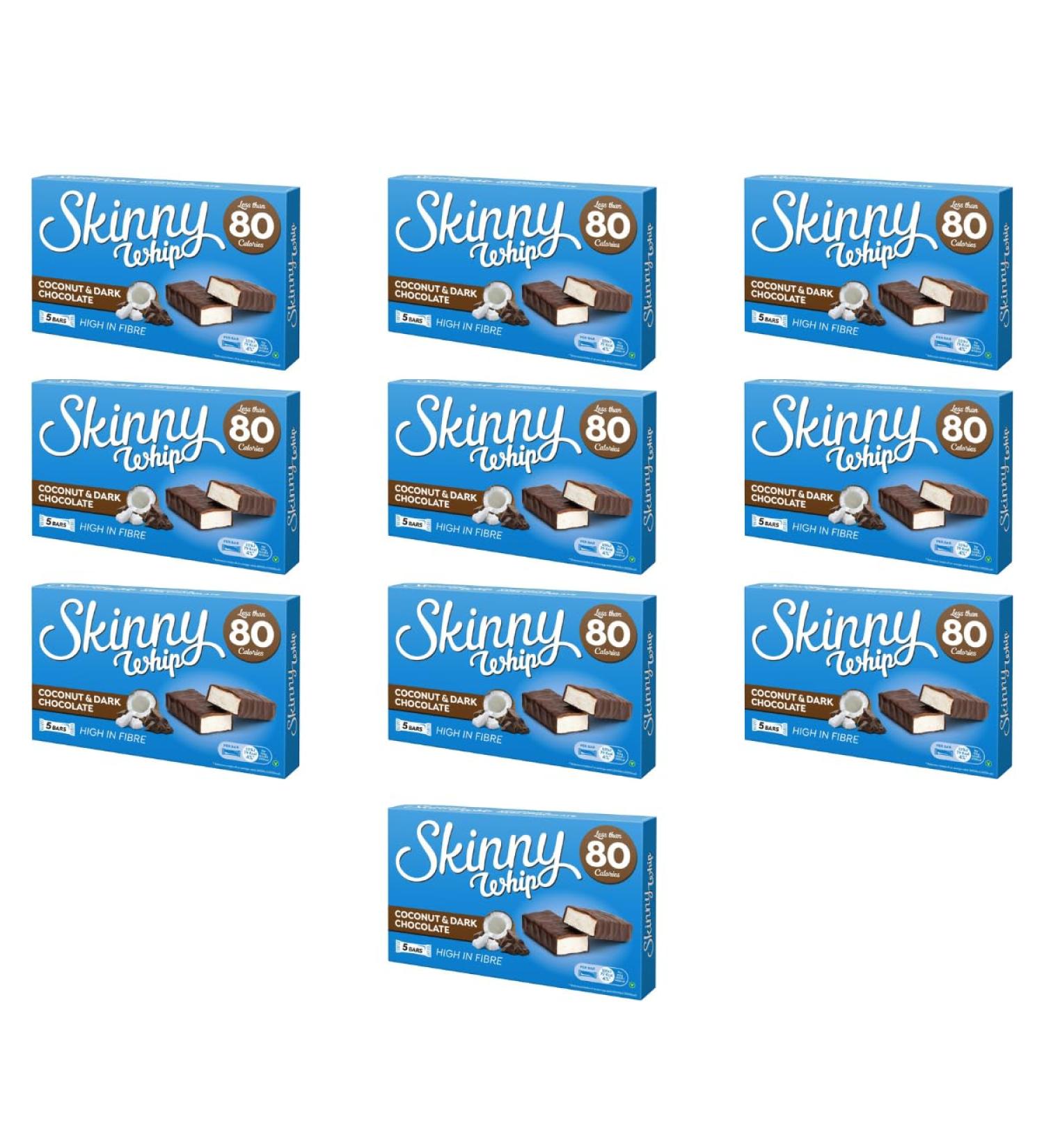 Skiny Whip Coconut & Dark Chocolate Bars 5 Pack - High In Fibre Affordable And Less Than 80 Calories Per Bar Indulge In These Tasty Treats Guilt Free - Pack of 10