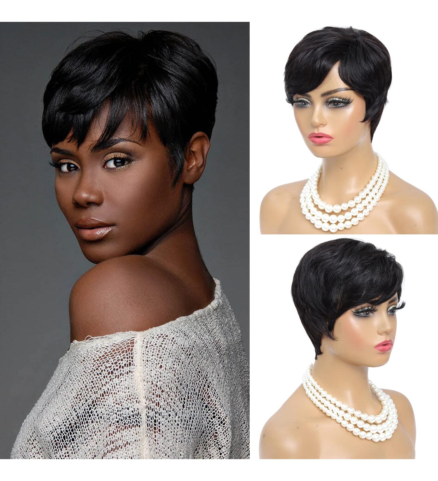 Yonova Pixie Cut Human Hair Wig for Women - Short Layered Pixie Haircut with Side Bangs - Natural Wavy Glueless Wig in Black Color 1B - Buy Online on GoSupps.com