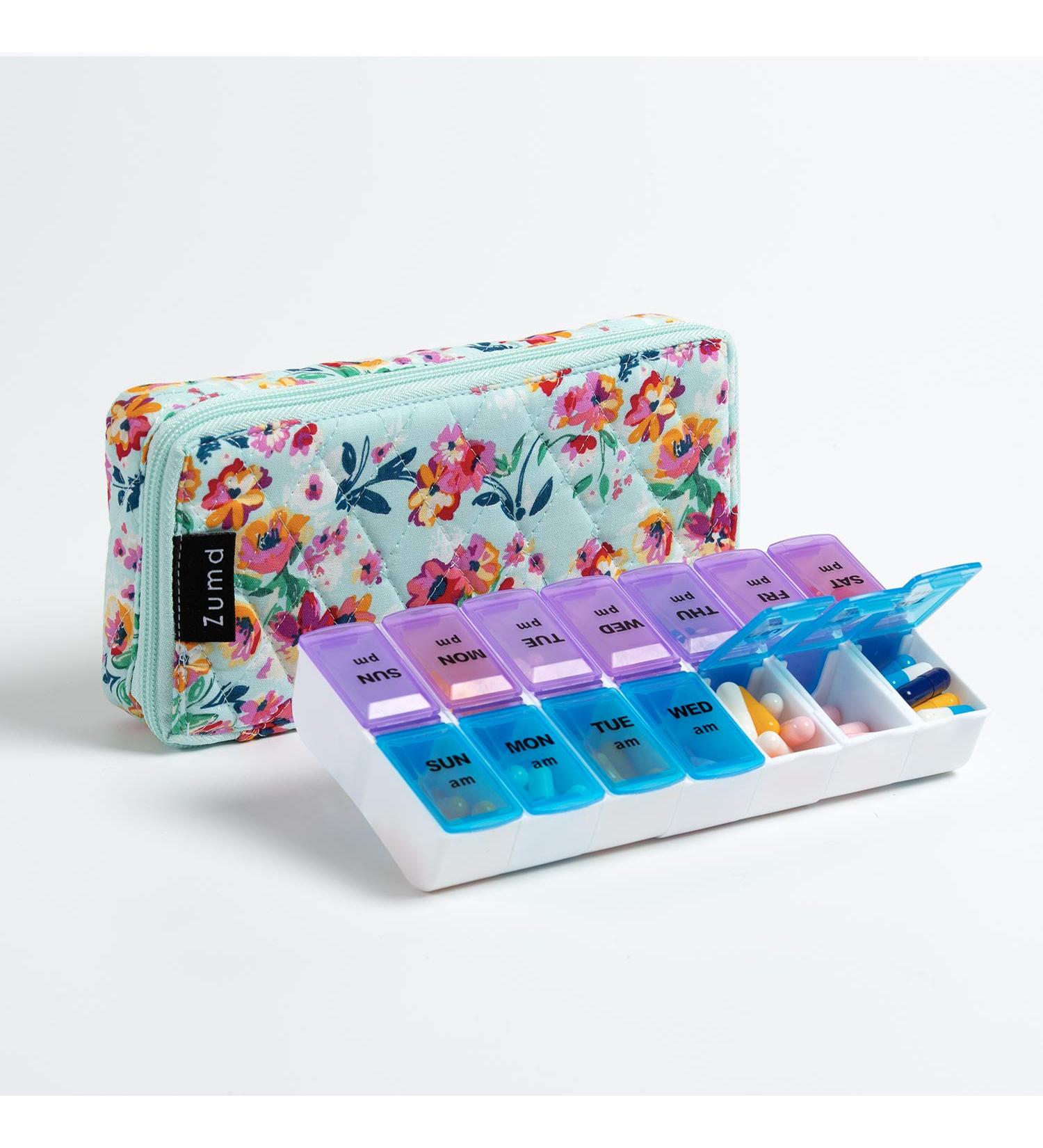 Weekly Pill Organizer 2x Daily - Zumd 7 Day Travel Case with Quilted Zipper Cute Floral Design for Vitamins & Medications - Buy Online on GoSupps.com