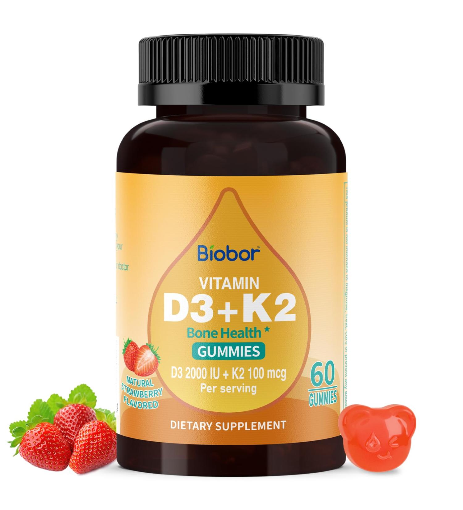 Natural Vitamin D3 K2 Gummies 2000 IU Vitamin D3 & 100 mcg Vitamin K2 Supports Healthy Bone Immune Health Supplement GMO Free Gluten Free Strawberry Flavor 60 Count Strawberry 60 Count (Pack of 1) - Buy Online on GoSupps.com