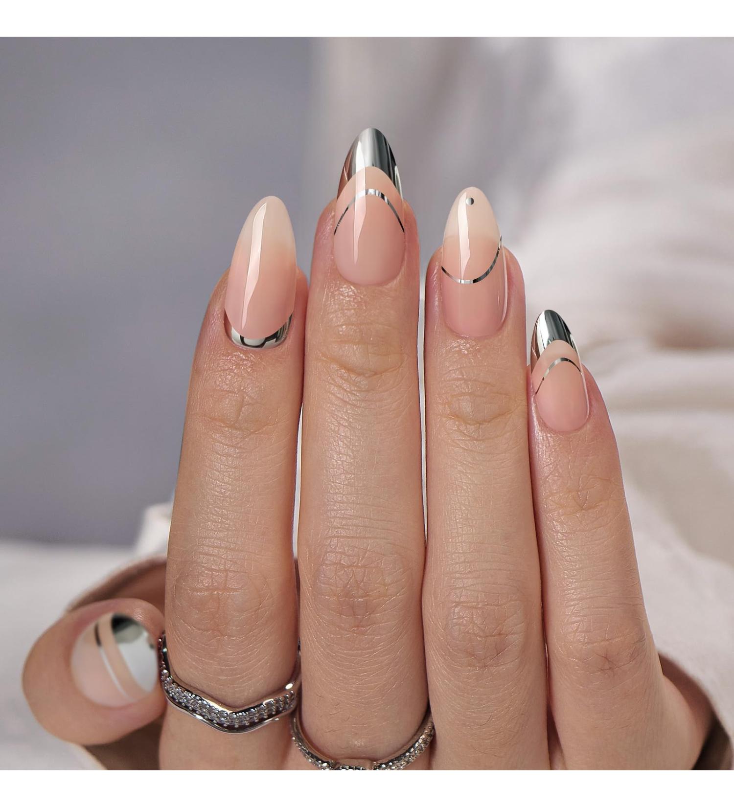 BTArtbox Press On Nails Almond - Silver Designs Stick on Nails Medium Supremely Fit & Glossy False Nails with Glue in 15 Sizes - 30 Fake Nails Kit Zoomers A-Zoomers - Buy Online on GoSupps.com