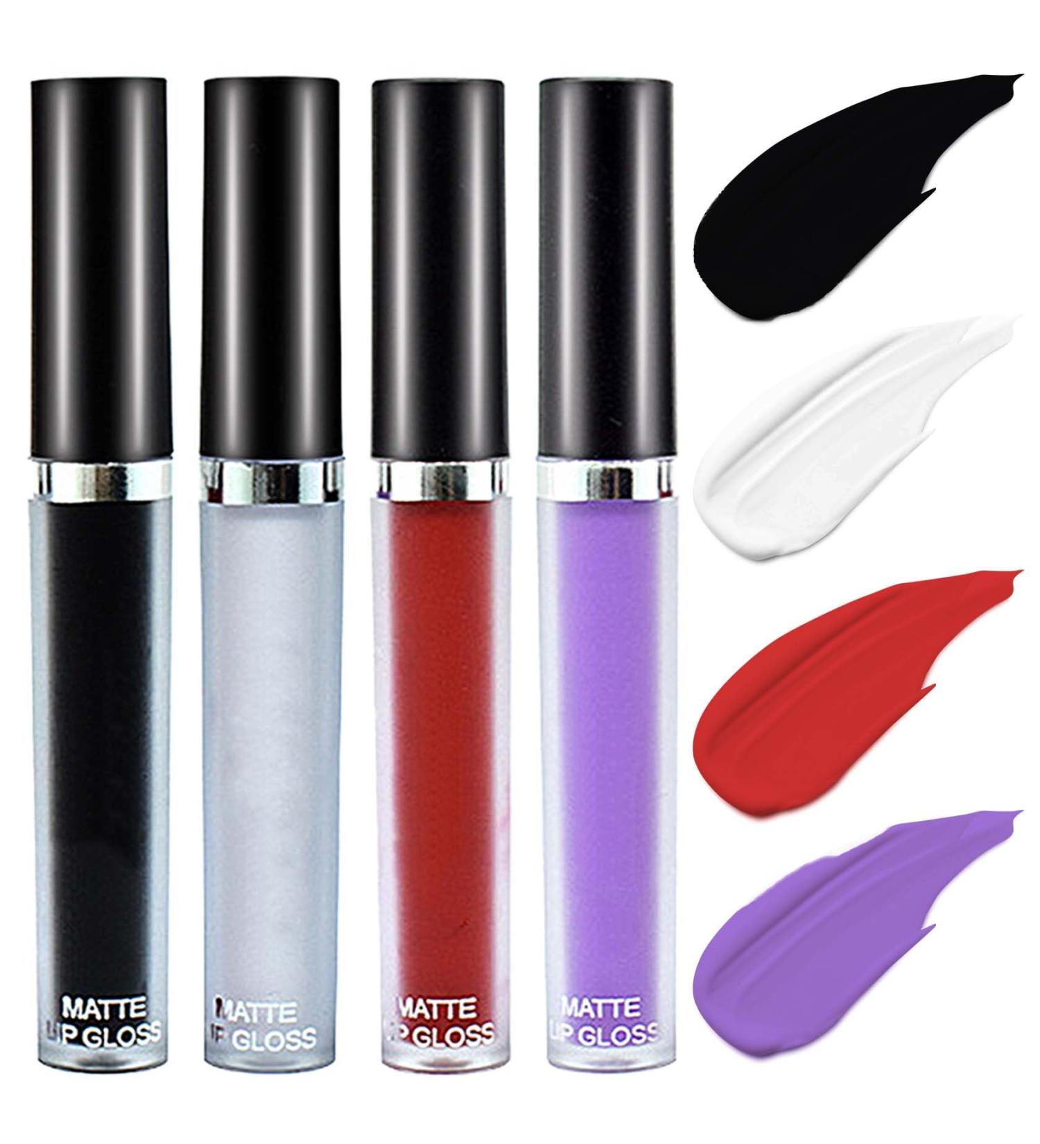 4 Pcs Matte Liquid Lipstick Set | Highly Pigmented Waterproof Lip Stain - Black White Red Purple | Long Lasting Gift Set for Women - Buy Online on GoSupps.com